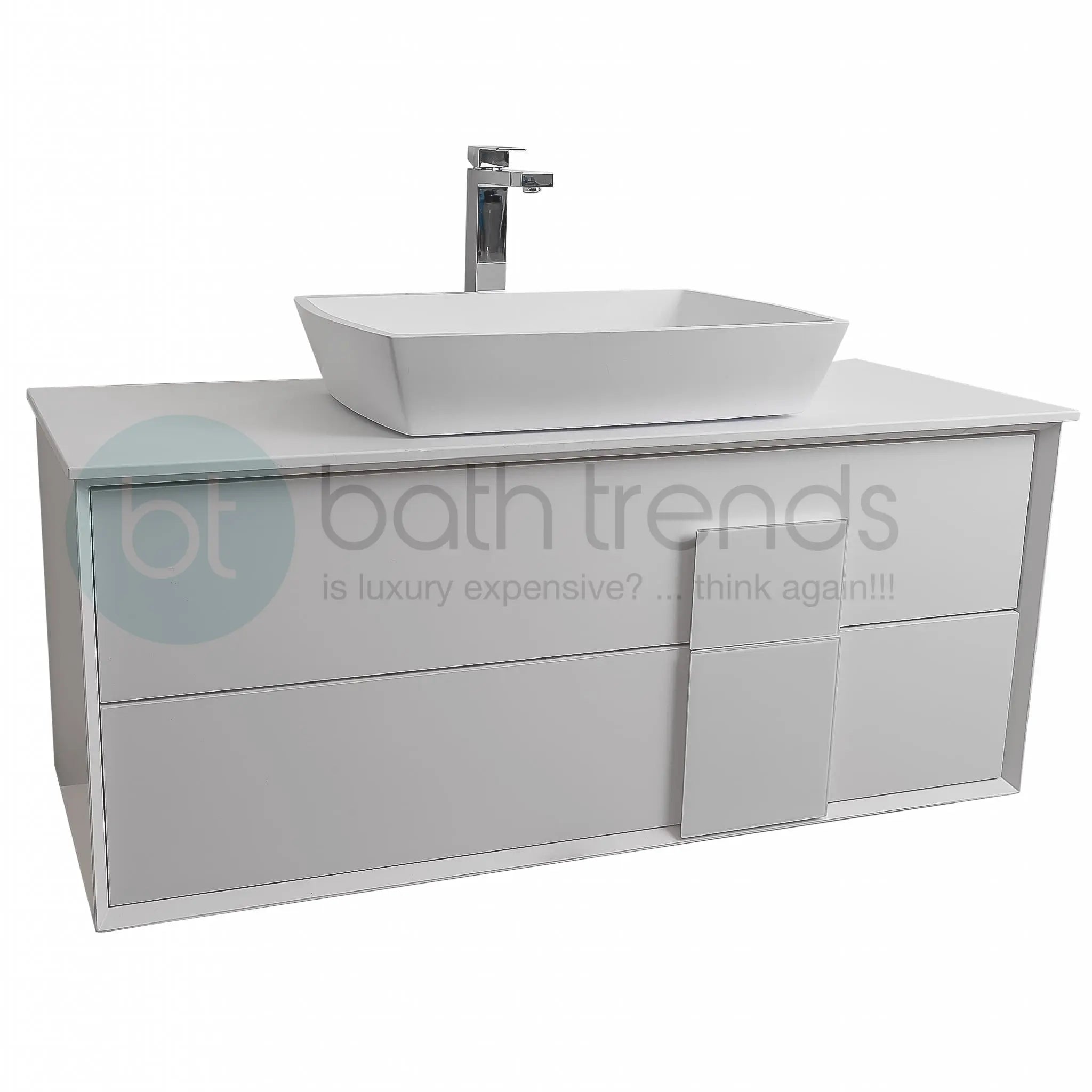 Piazza 47.5 Matte White With White Handle Cabinet, Solid Surface Flat White Counter and Square Solid Surface White Basin 1316, Wall Mounted Modern Vanity Set
