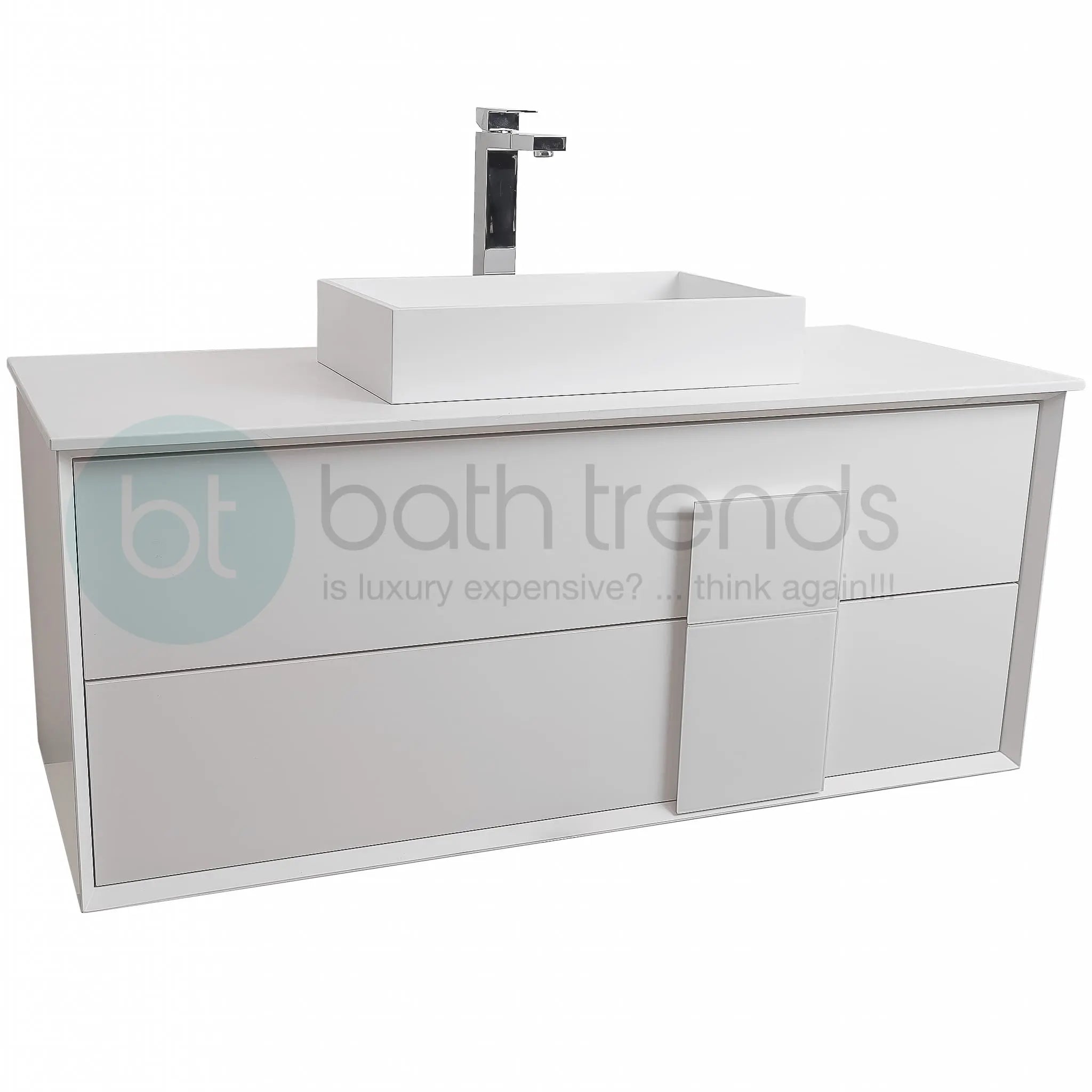 Piazza 47.5 Matte White With White Handle Cabinet, Solid Surface Flat White Counter and Infinity Square Solid Surface White Basin 1329, Wall Mounted Modern Vanity Set