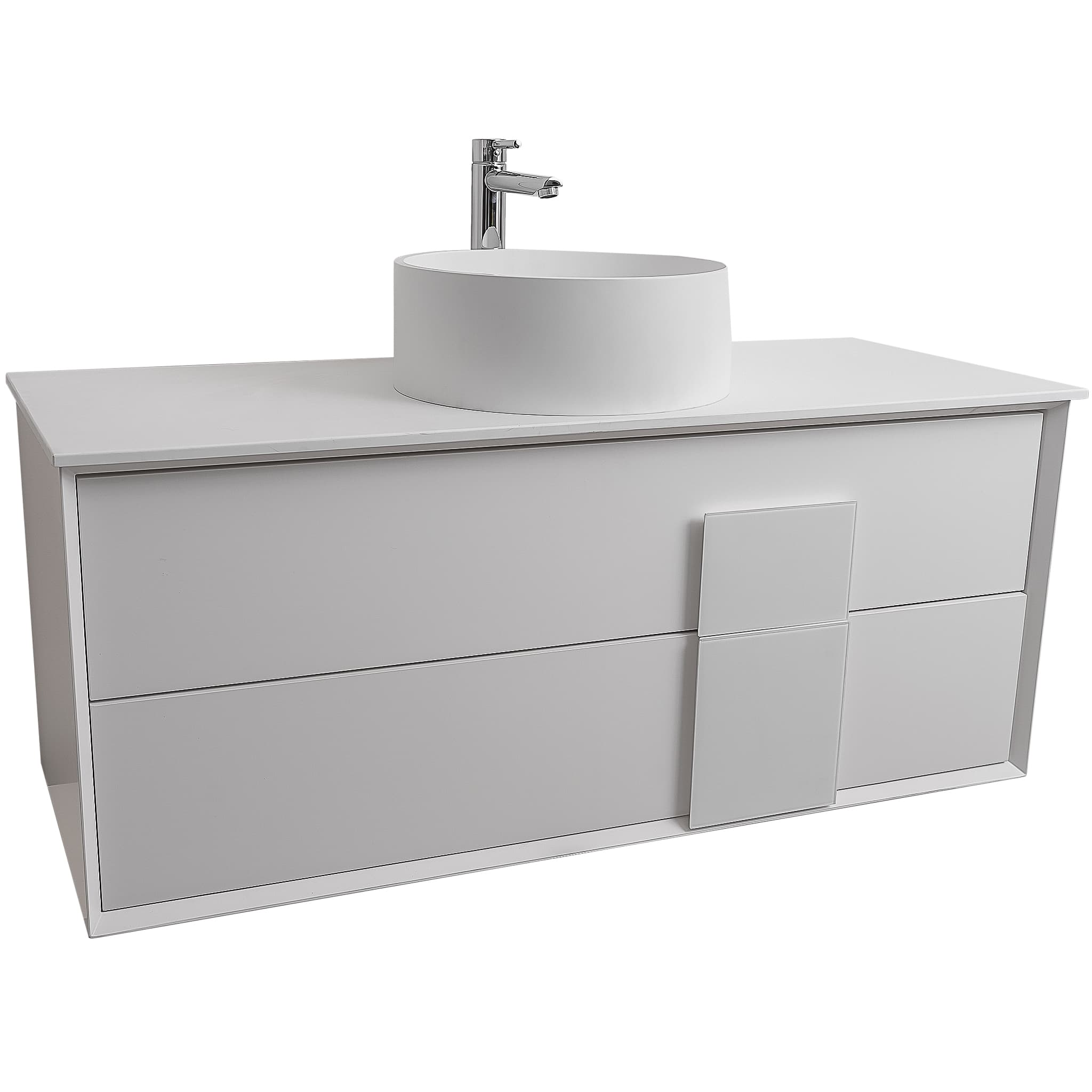 Piazza 47.5 Matte White With White Handle Cabinet, Solid Surface Flat White Counter and Round Solid Surface White Basin 1386, Wall Mounted Modern Vanity Set