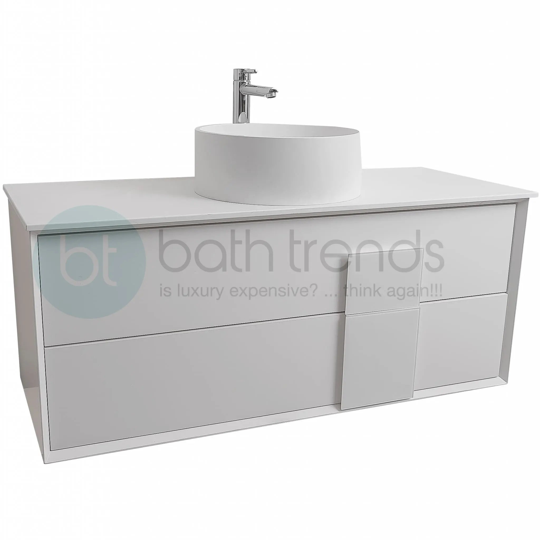 Piazza 47.5 Matte White With White Handle Cabinet, Solid Surface Flat White Counter and Round Solid Surface White Basin 1386, Wall Mounted Modern Vanity Set