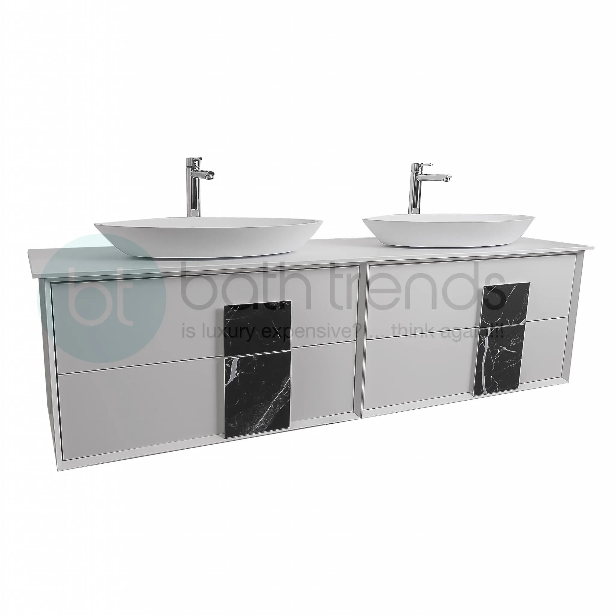 Piazza 63 Matte White With Black Marble Handle Cabinet, Solid Surface Flat White Counter and Two Oval Solid Surface White Basin 1305, Wall Mounted Modern Vanity Set