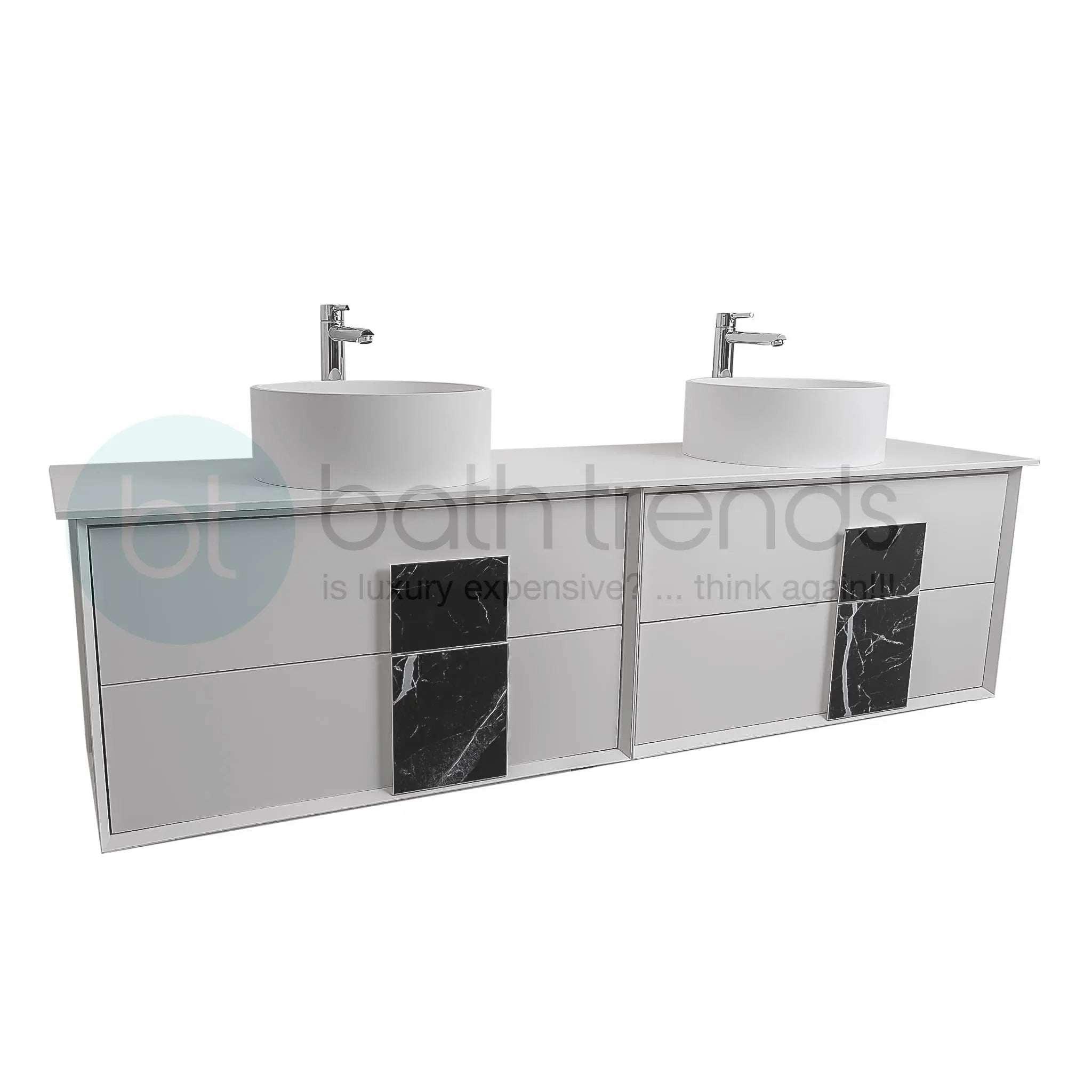 Piazza 63 Matte White With Black Marble Handle Cabinet, Solid Surface Flat White Counter and Two Round Solid Surface White Basin 1386, Wall Mounted Modern Vanity Set