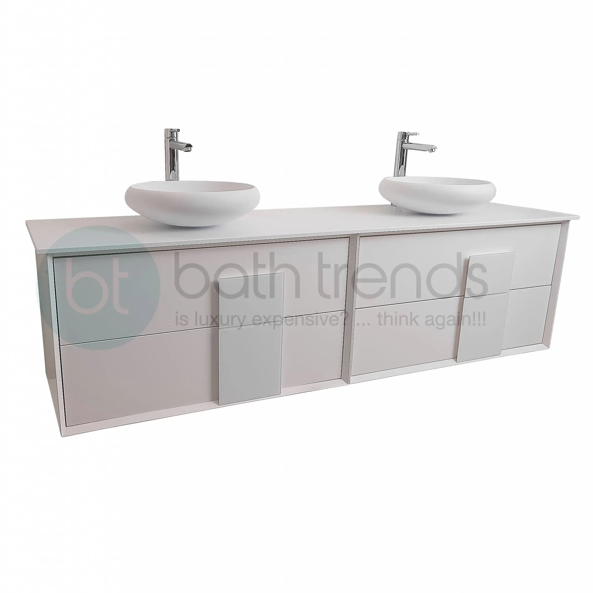 Piazza 63 Matte White With White Handle Cabinet, Solid Surface Flat White Counter and Two Round Solid Surface White Basin 1153, Wall Mounted Modern Vanity Set