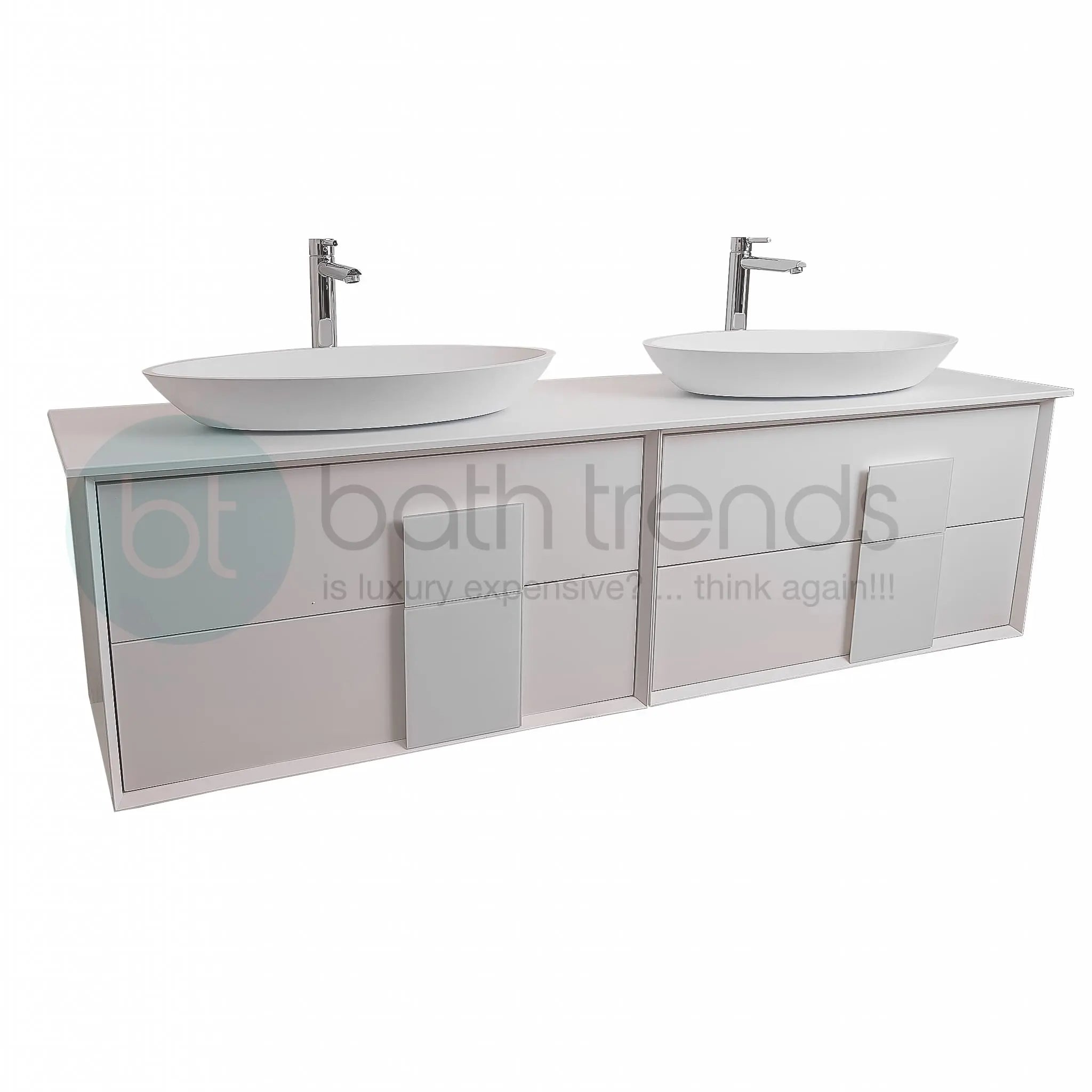 Piazza 63 Matte White With White Handle Cabinet, Solid Surface Flat White Counter and Two Oval Solid Surface White Basin 1305, Wall Mounted Modern Vanity Set