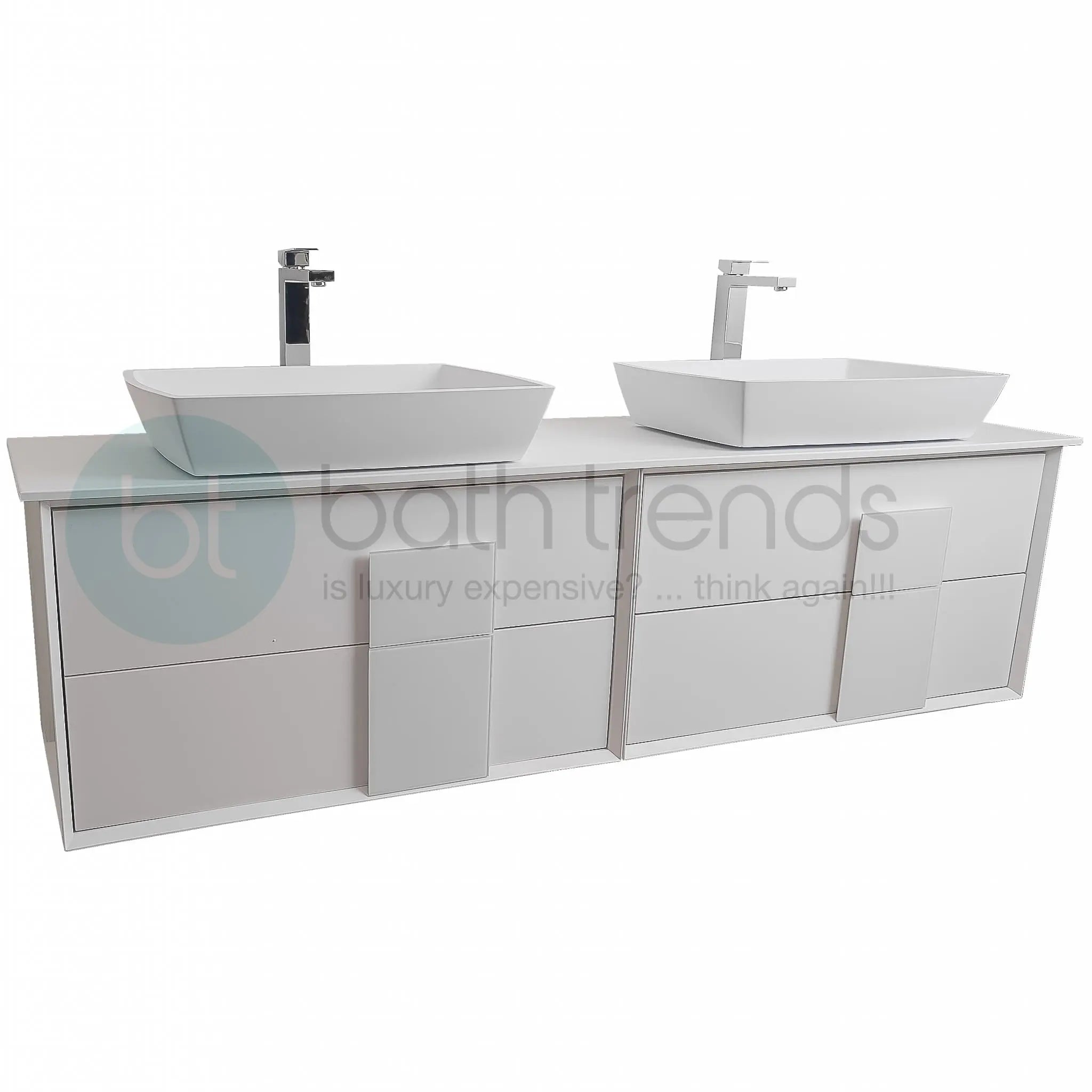 Piazza 63 Matte White With White Handle Cabinet, Solid Surface Flat White Counter and Two Square Solid Surface White Basin 1316, Wall Mounted Modern Vanity Set
