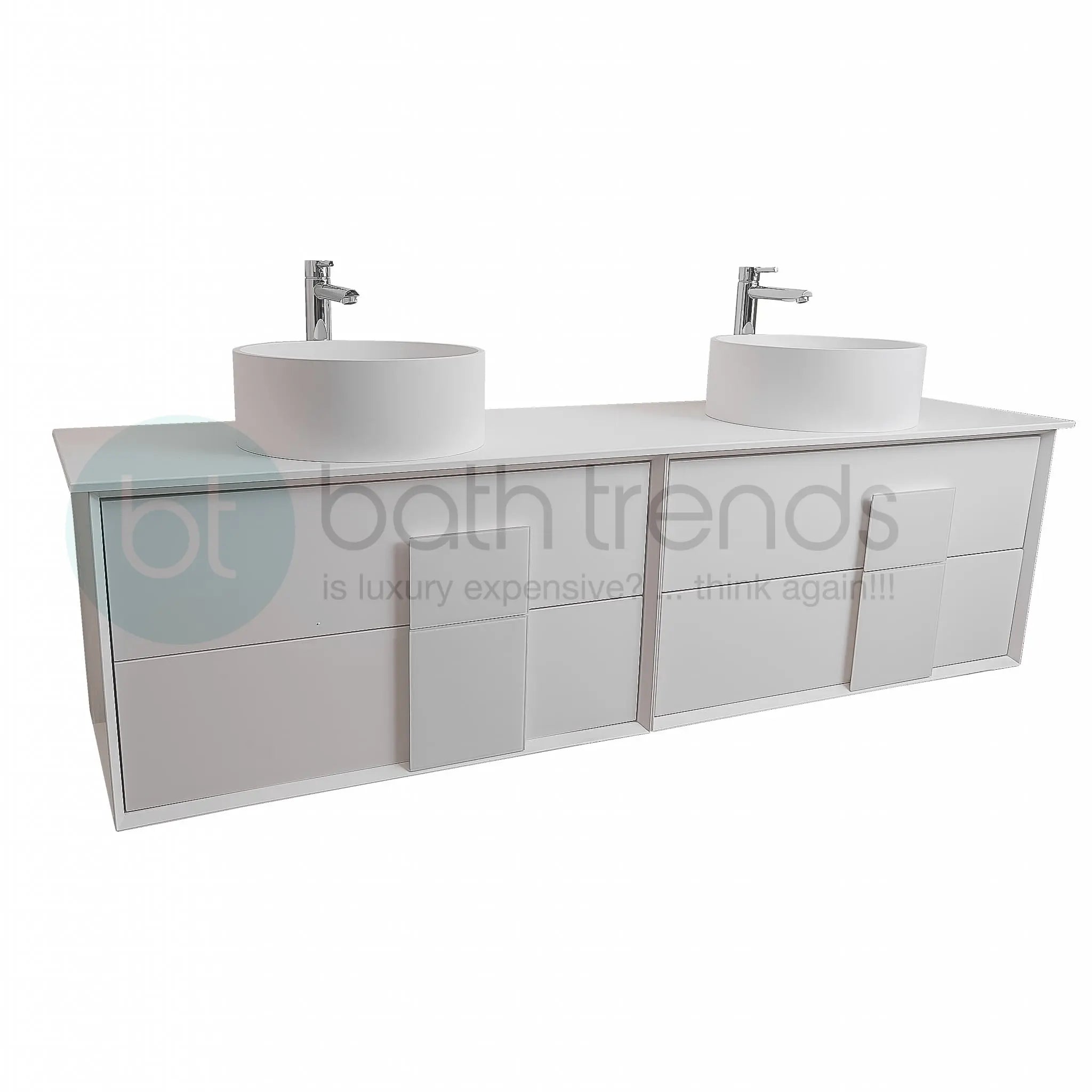 Piazza 63 Matte White With White Handle Cabinet, Solid Surface Flat White Counter and Two Round Solid Surface White Basin 1386, Wall Mounted Modern Vanity Set