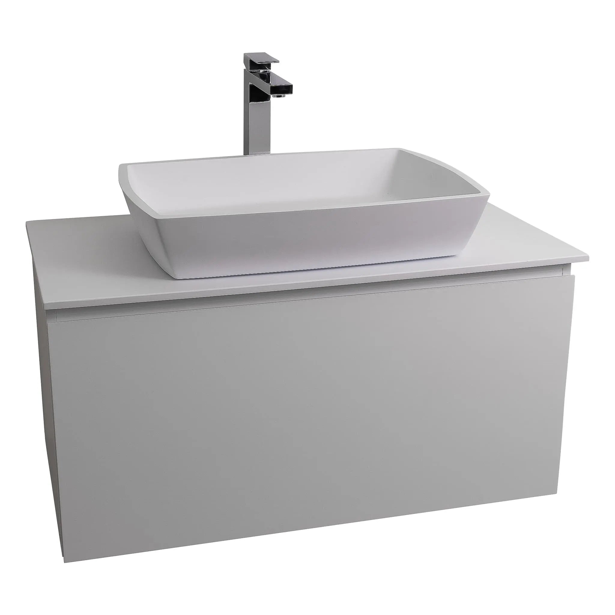 Venice 31.5 White High Gloss Cabinet, Solid Surface Flat White Counter And Square Solid Surface White Basin 1316, Wall Mounted Modern Vanity Set