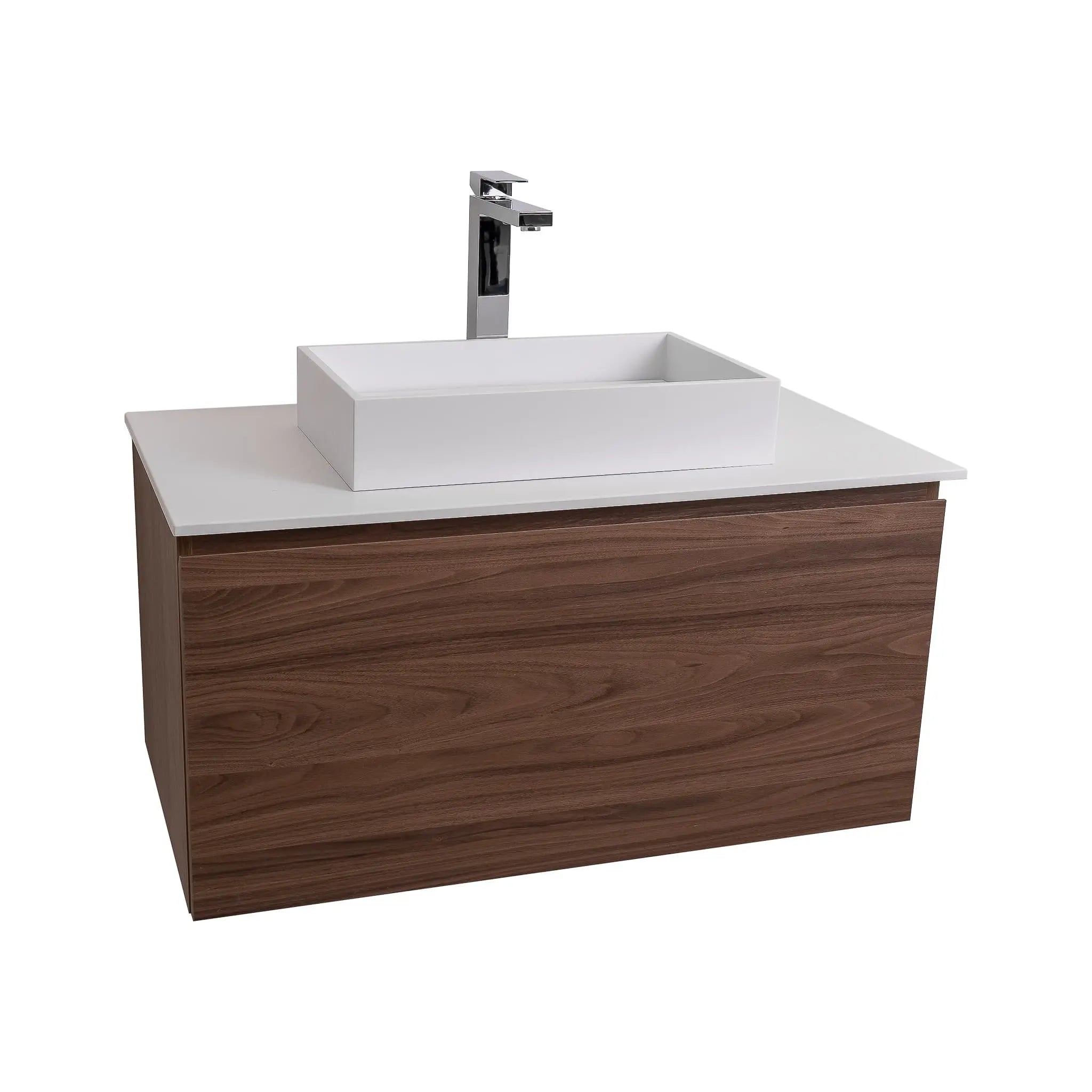 Venice 35.5 Walnut Wood Texture Cabinet, Solid Surface Flat White Counter And Infinity Square Solid Surface White Basin 1329, Wall Mounted Modern Vanity Set
