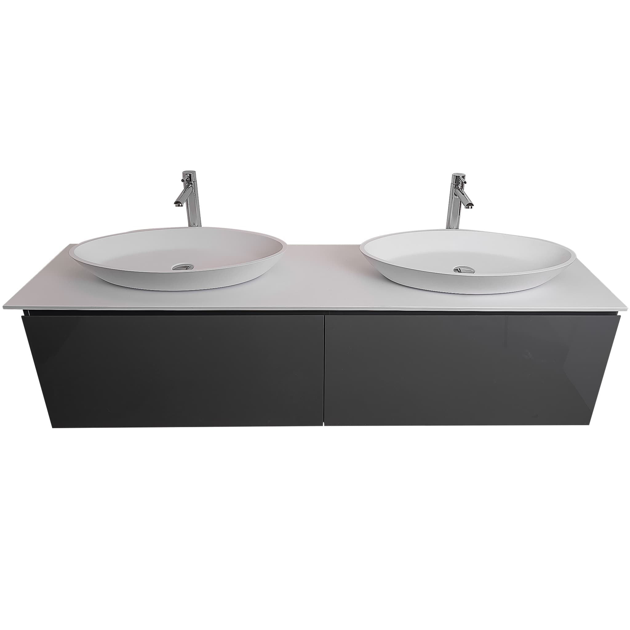 Venice 63 Anthracite High Gloss Cabinet, Solid Surface Flat White Counter And Two Oval Solid Surface White Basin 1305, Wall Mounted Modern Vanity Set