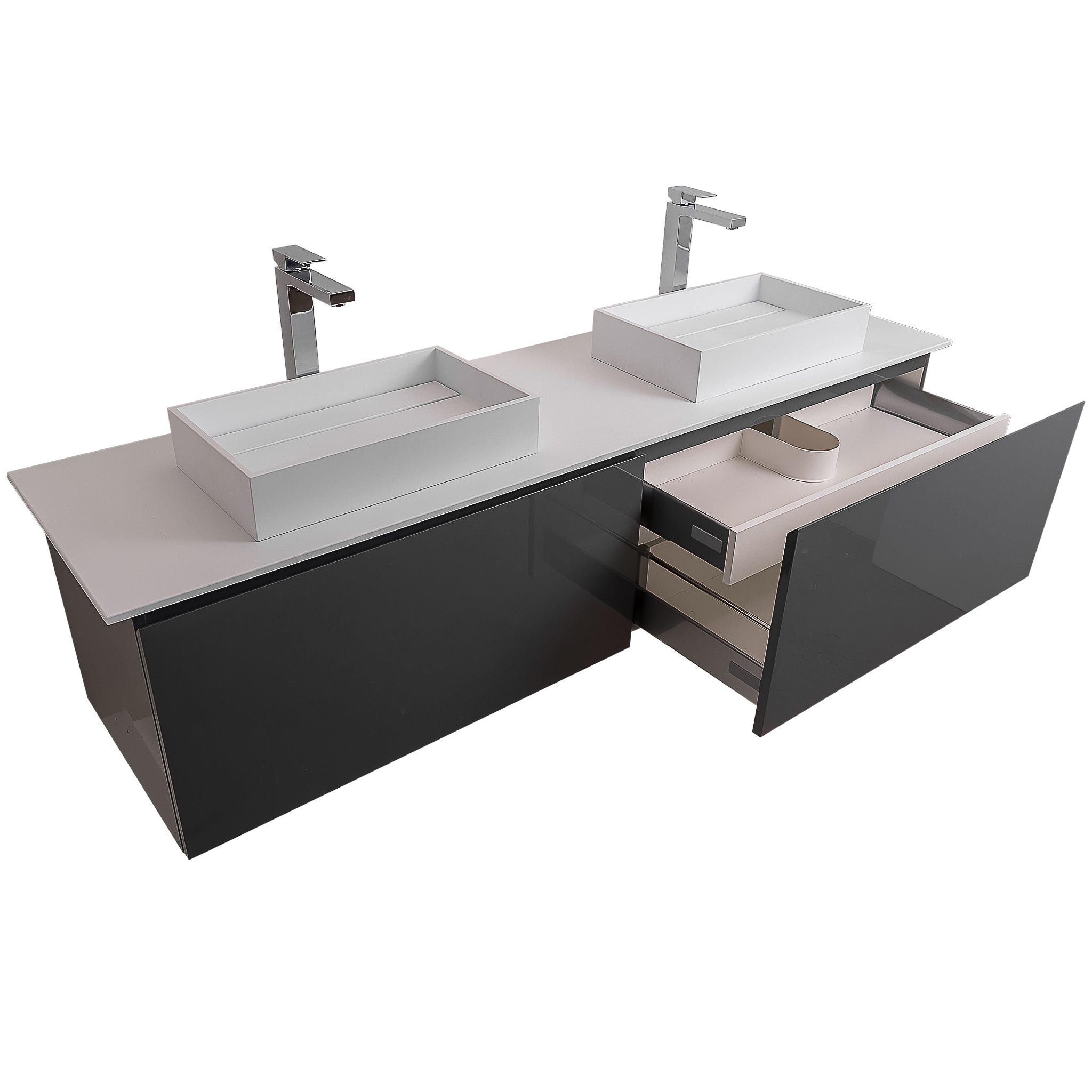 Venice 63 Anthracite High Gloss Cabinet, Solid Surface Flat White Counter And Two Two Infinity Square Solid Surface White Basin 1329, Wall Mounted Modern Vanity Set