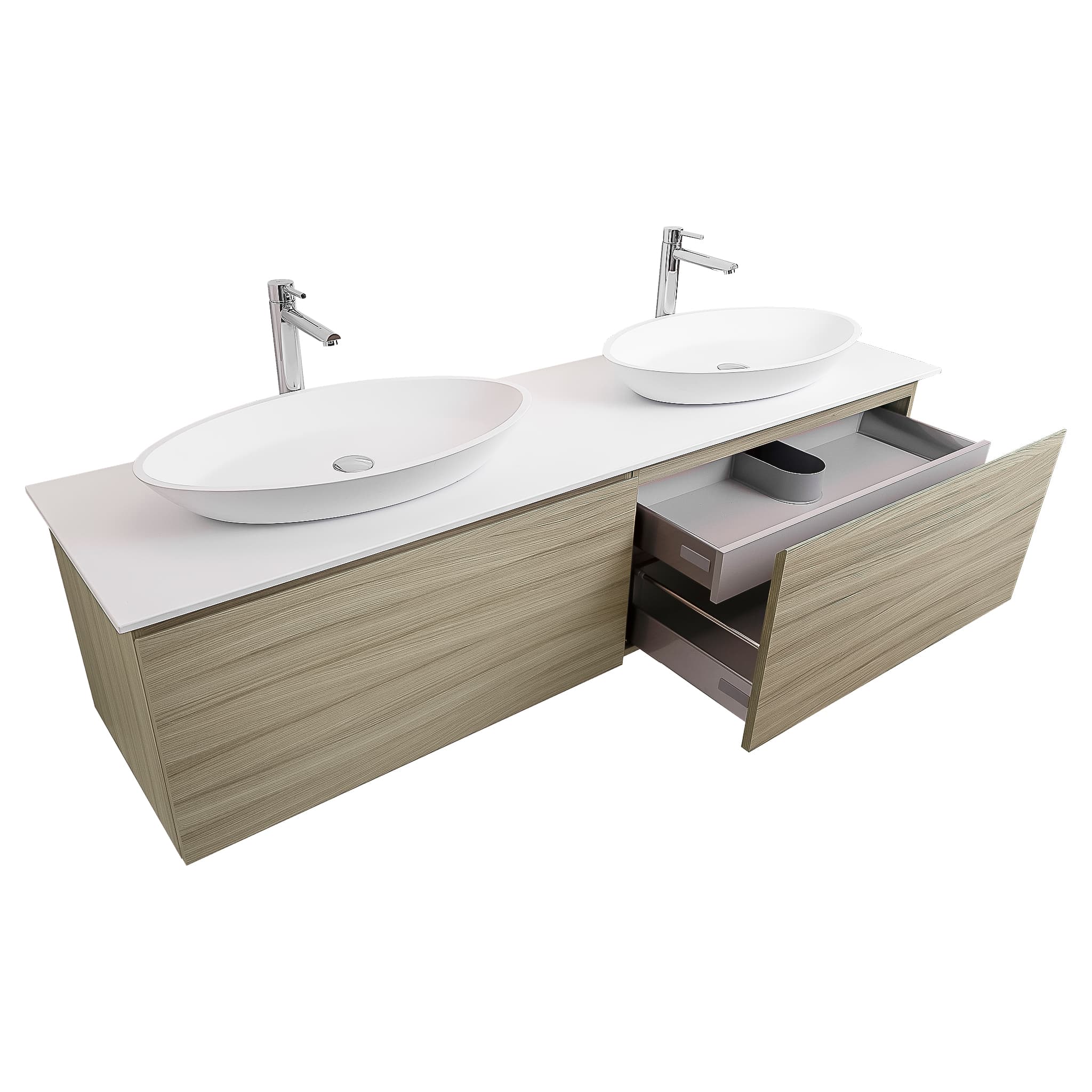 Venice 63 Nilo Grey Wood Texture Cabinet, Solid Surface Flat White Counter And Two Oval Solid Surface White Basin 1305, Wall Mounted Modern Vanity Set