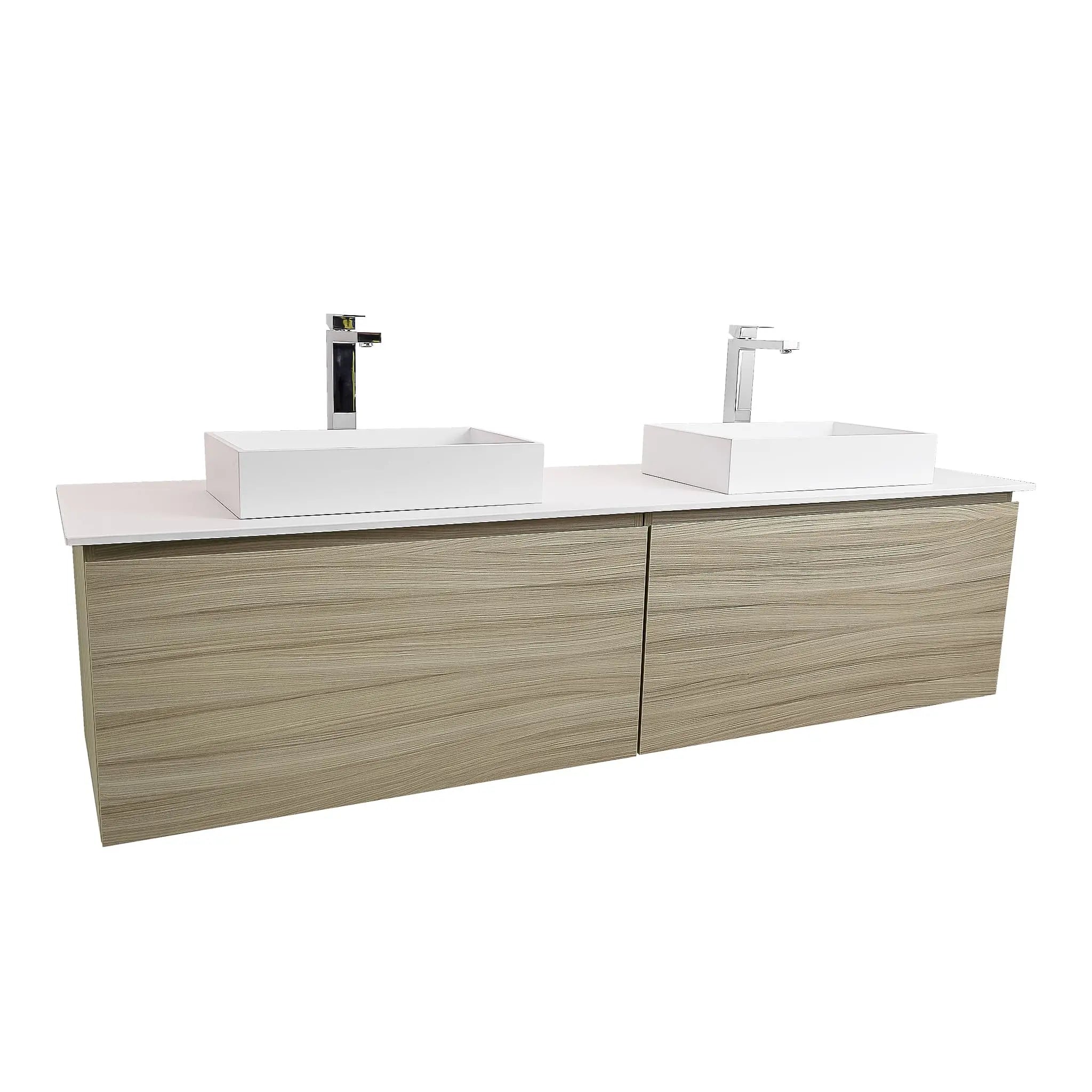 Venice 63 Nilo Grey Wood Texture Cabinet, Solid Surface Flat White Counter And Two Two Infinity Square Solid Surface White Basin 1329, Wall Mounted Modern Vanity Set
