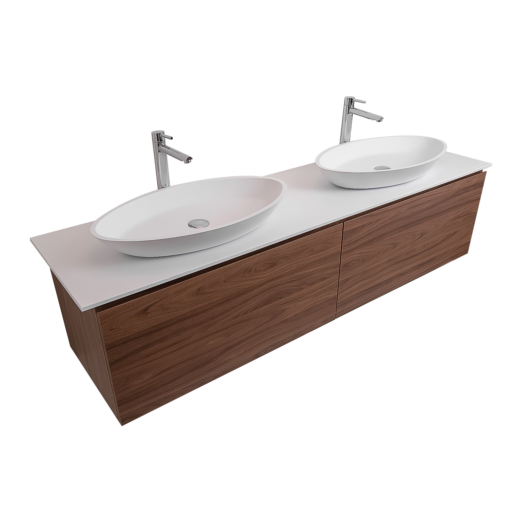 Venice 63 Walnut Wood Texture Cabinet, Solid Surface Flat White Counter And Two Oval Solid Surface White Basin 1305, Wall Mounted Modern Vanity Set