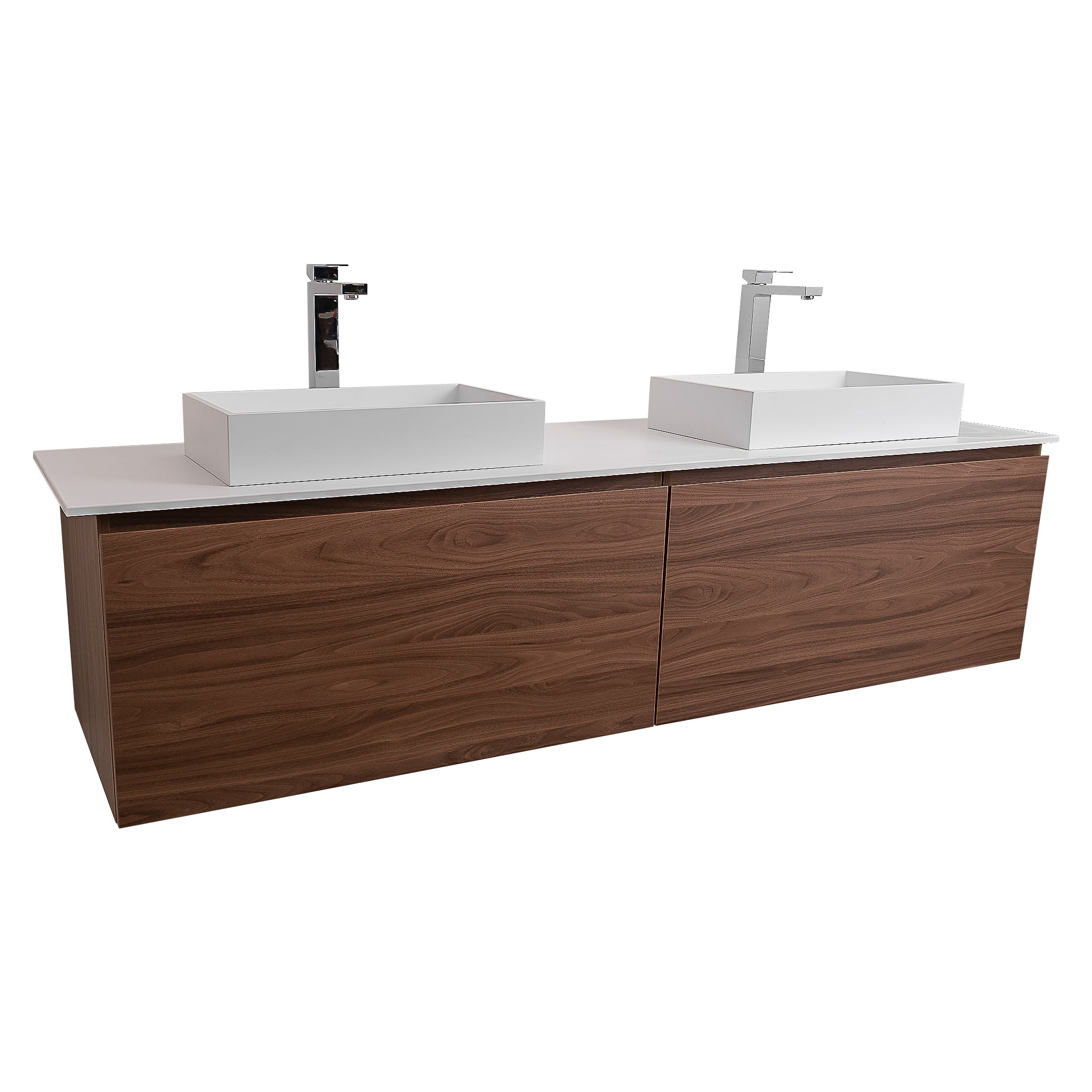 Venice 63 Walnut Wood Texture Cabinet, Solid Surface Flat White Counter And Two Two Infinity Square Solid Surface White Basin 1329, Wall Mounted Modern Vanity Set