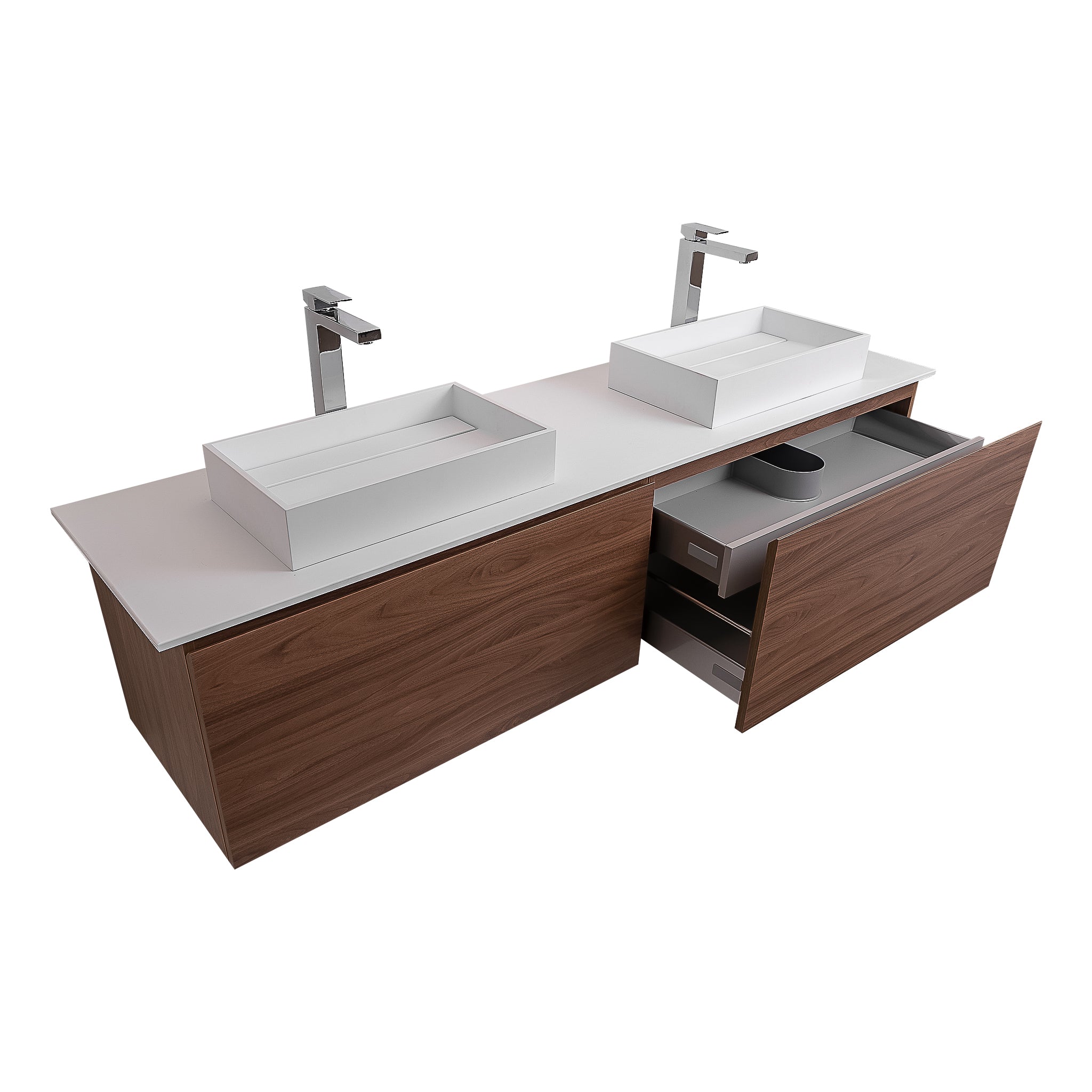Venice 63 Walnut Wood Texture Cabinet, Solid Surface Flat White Counter And Two Two Infinity Square Solid Surface White Basin 1329, Wall Mounted Modern Vanity Set