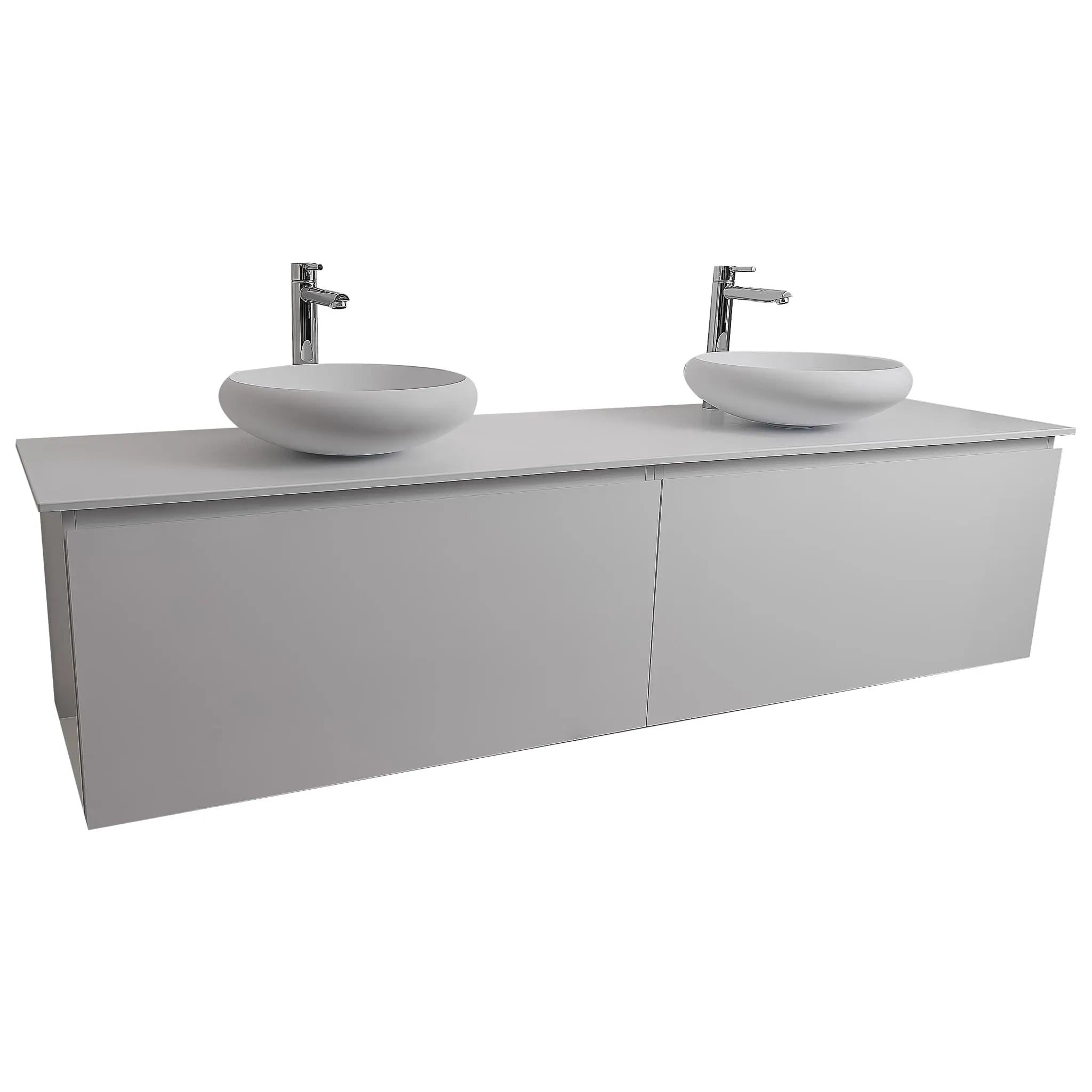 Venice 63 White High Gloss Cabinet, Solid Surface Flat White Counter And Two Round Solid Surface White Basin 1153, Wall Mounted Modern Vanity Set