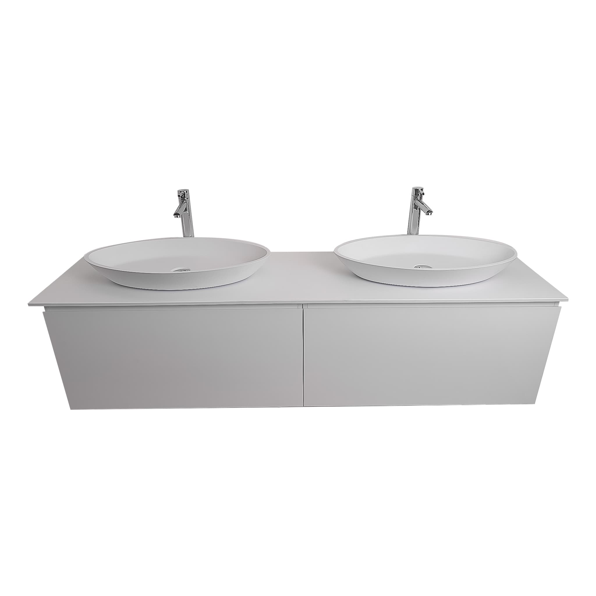 Venice 63 White High Gloss Cabinet, Solid Surface Flat White Counter And Two Oval Solid Surface White Basin 1305, Wall Mounted Modern Vanity Set