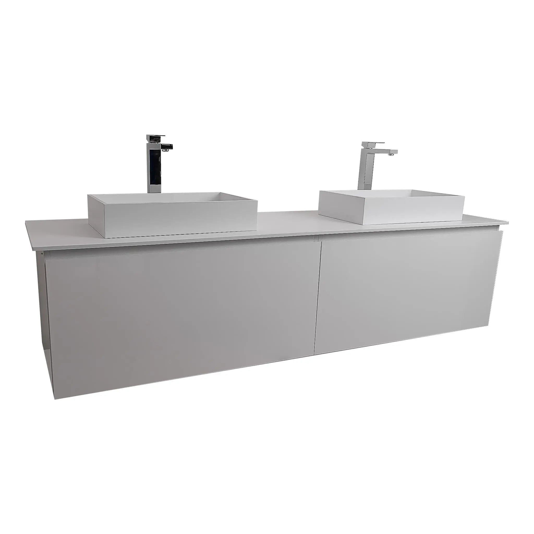 Venice 72 White High Gloss Cabinet, Solid Surface Flat White Counter And Two Two Infinity Square Solid Surface White Basin 1329, Wall Mounted Modern Vanity Set