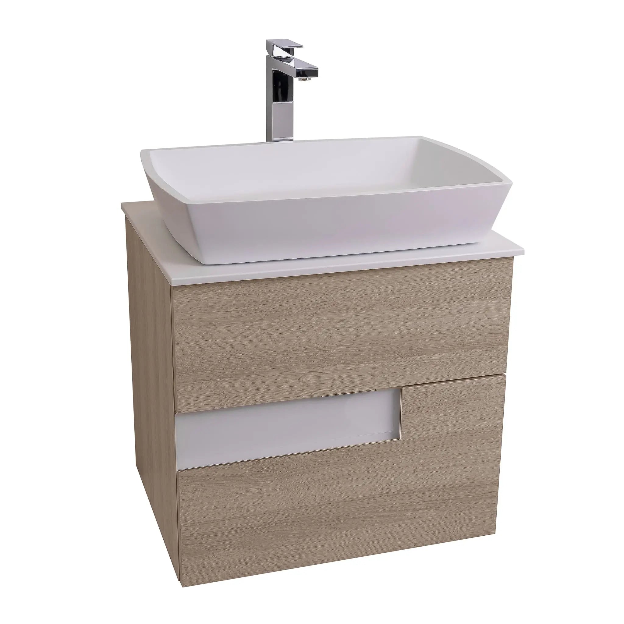 Vision 23.5 Natural Light Wood Cabinet, Solid Surface Flat White Counter And Square Solid Surface White Basin 1316, Wall Mounted Modern Vanity Set