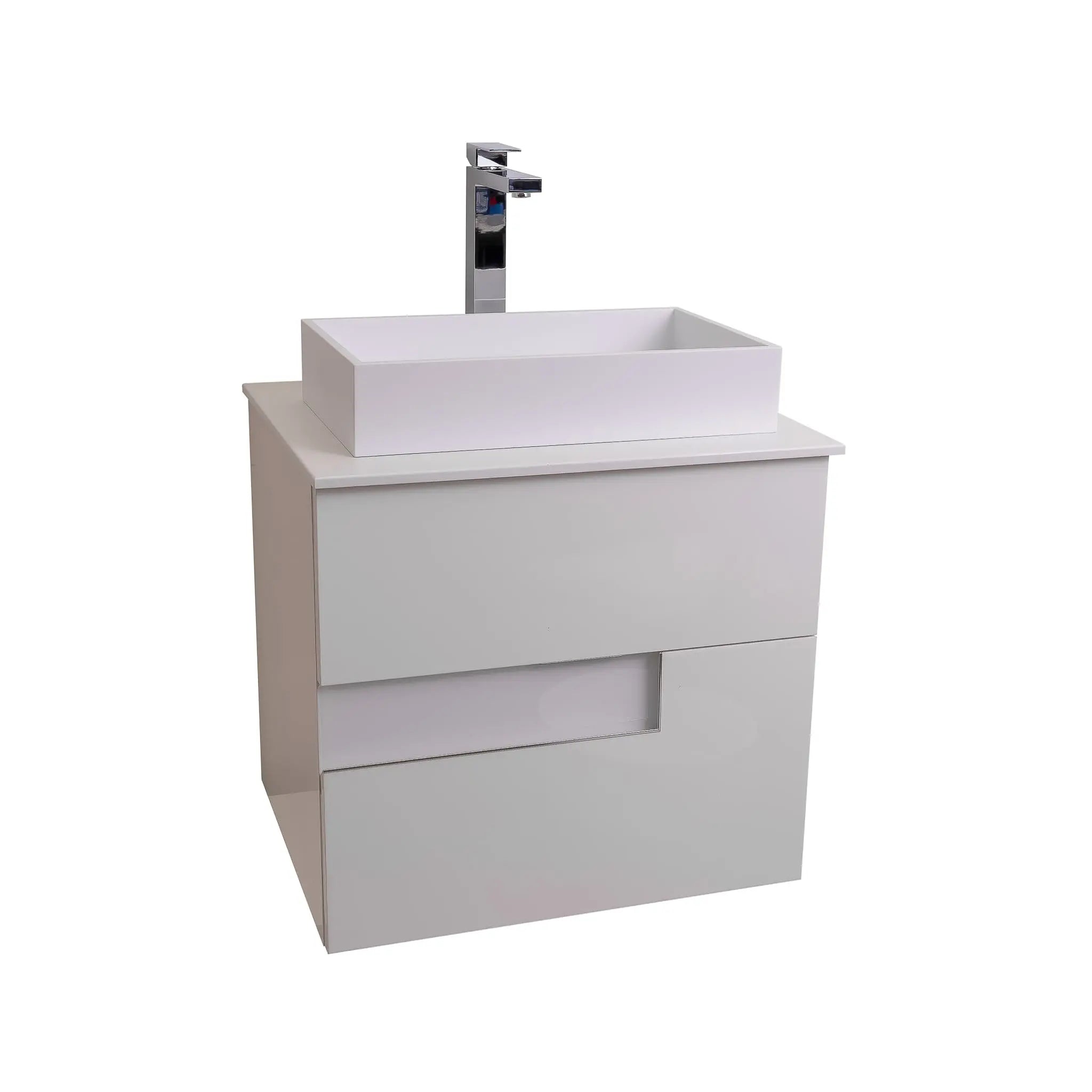 Vision 23.5 White High Gloss Cabinet, Solid Surface Flat White Counter And Infinity Square Solid Surface White Basin 1329, Wall Mounted Modern Vanity Set