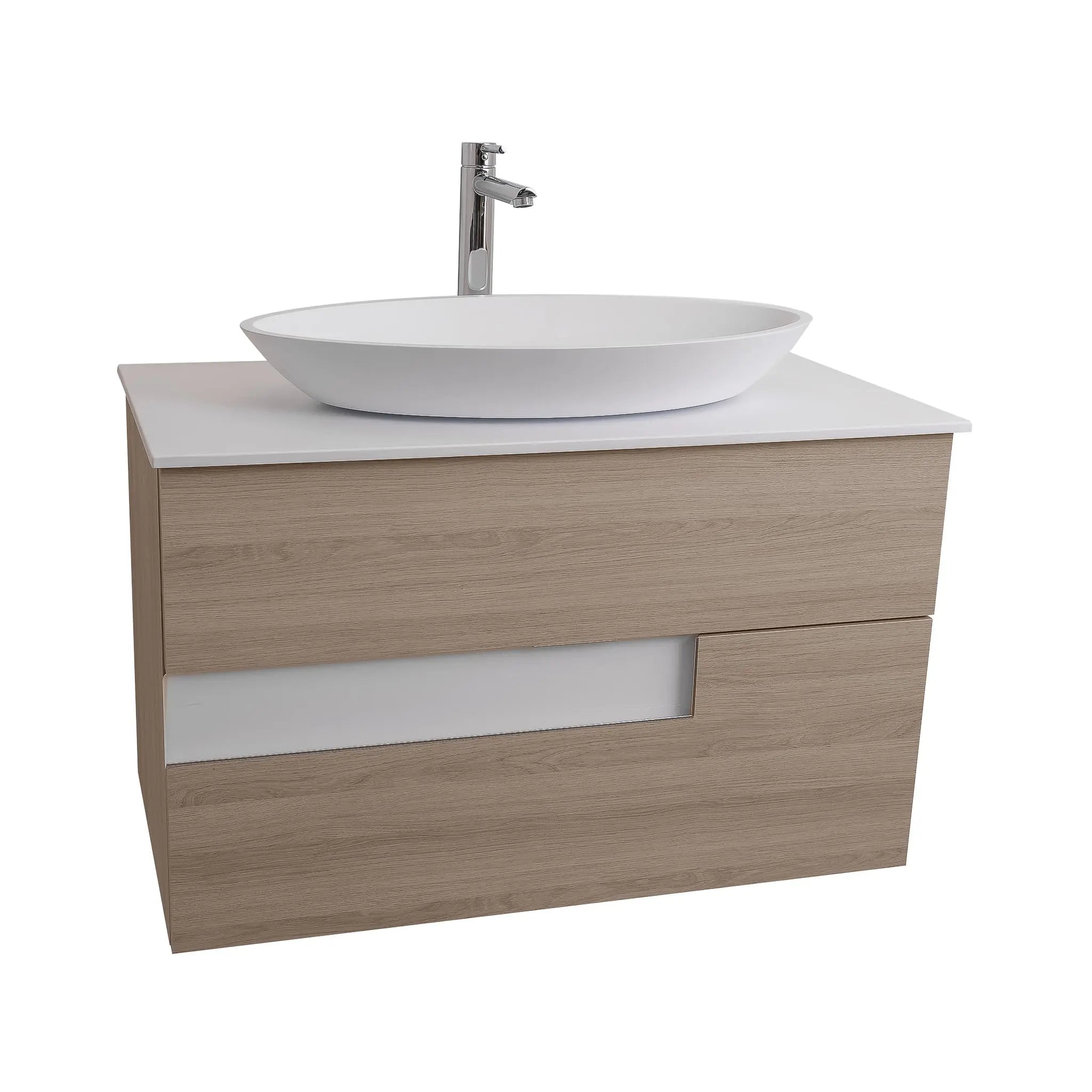 Vision 31.5 Natural Light Wood Cabinet, Solid Surface Flat White Counter And Oval Solid Surface White Basin 1305, Wall Mounted Modern Vanity Set