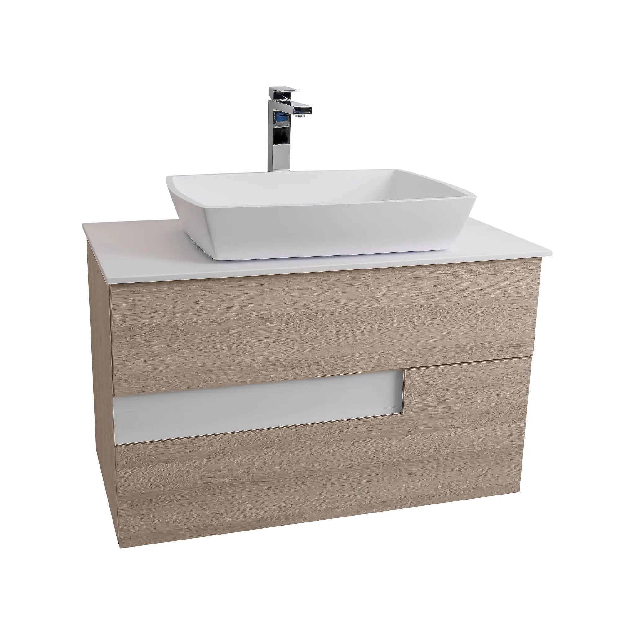 Vision 31.5 Natural Light Wood Cabinet, Solid Surface Flat White Counter And Square Solid Surface White Basin 1316, Wall Mounted Modern Vanity Set