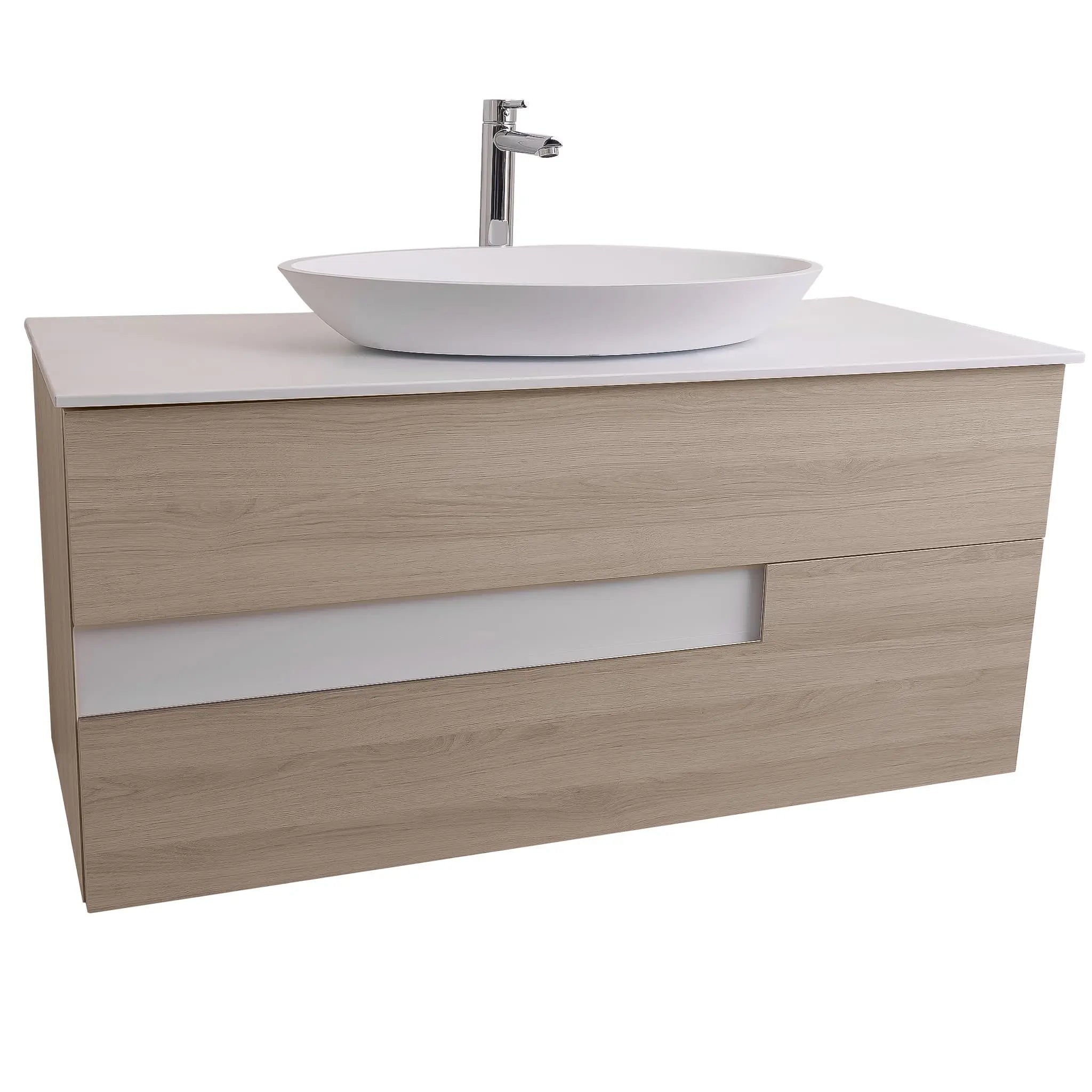 Vision 47.5 Natural Light Wood Cabinet, Solid Surface Flat White Counter And Oval Solid Surface White Basin 1305, Wall Mounted Modern Vanity Set