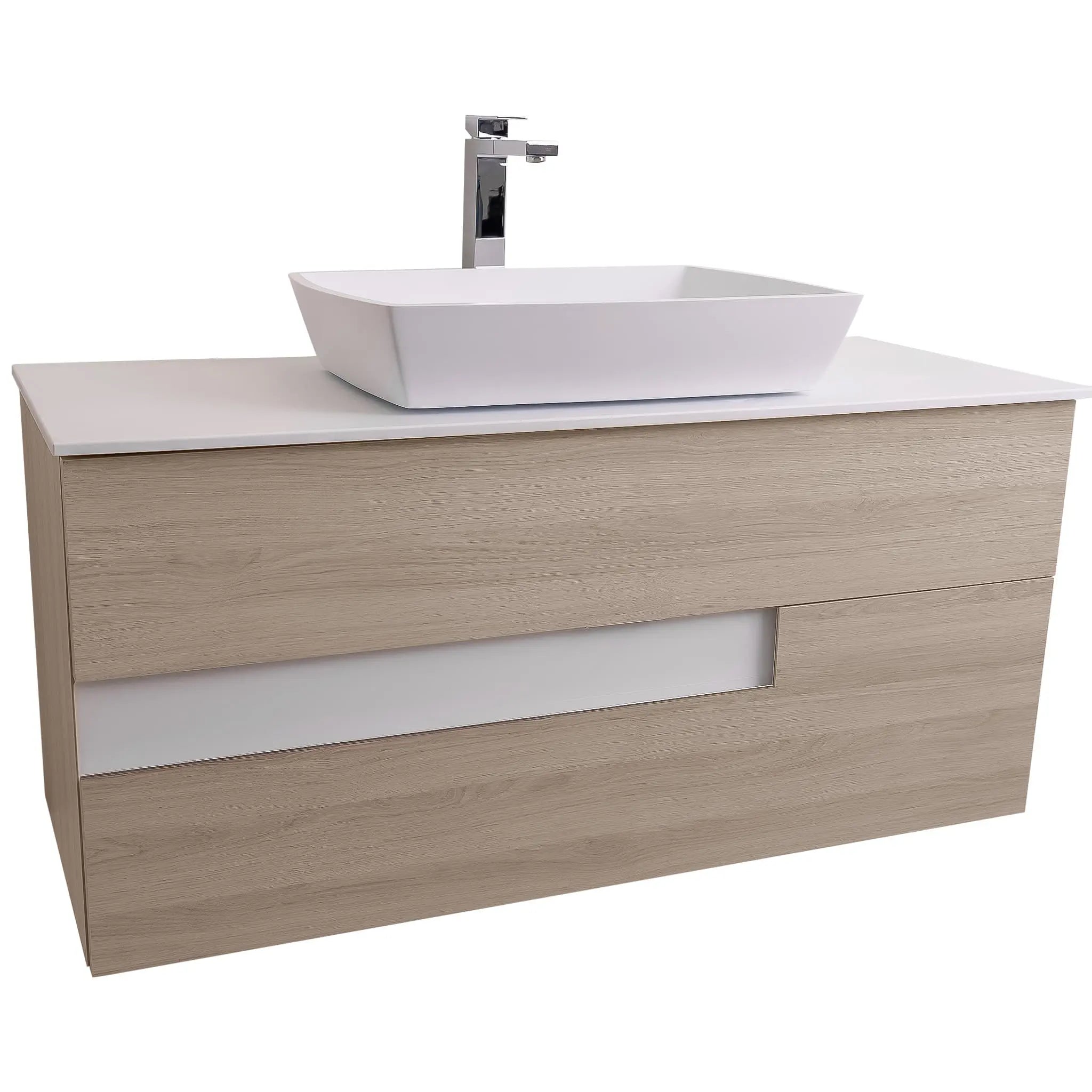 Vision 47.5 Natural Light Wood Cabinet, Solid Surface Flat White Counter And Square Solid Surface White Basin 1316, Wall Mounted Modern Vanity Set
