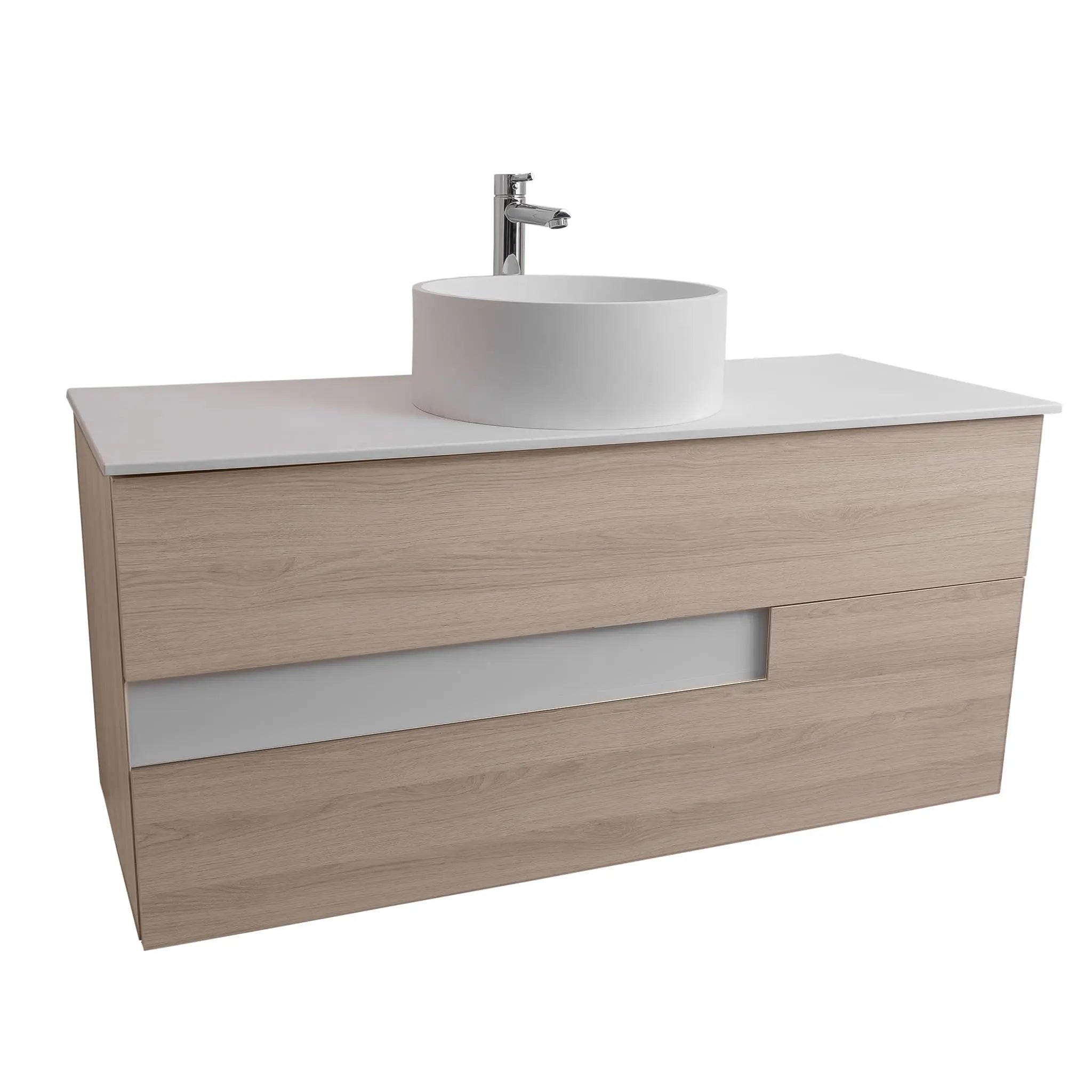 Vision 47.5 Natural Light Wood Cabinet, Solid Surface Flat White Counter And Round Solid Surface White Basin 1386, Wall Mounted Modern Vanity Set