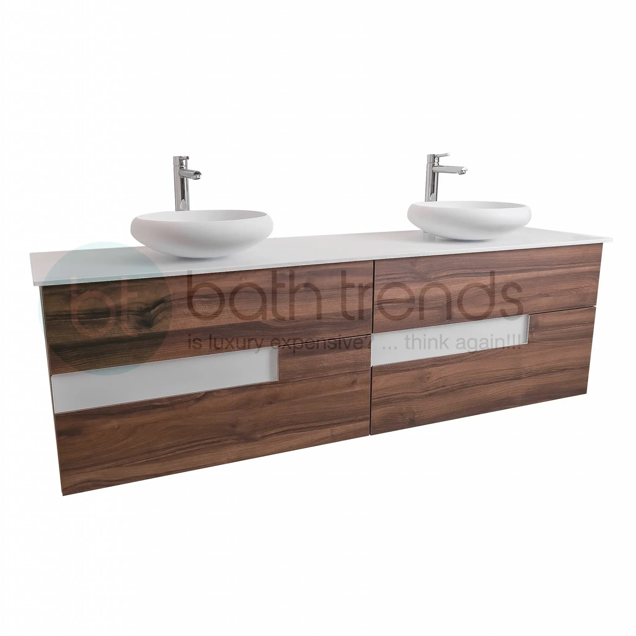 Vision 72 Valenti Medium Brown Wood Cabinet, Solid Surface Flat White Counter And Two Round Solid Surface White Basin 1153, Wall Mounted Modern Vanity Set