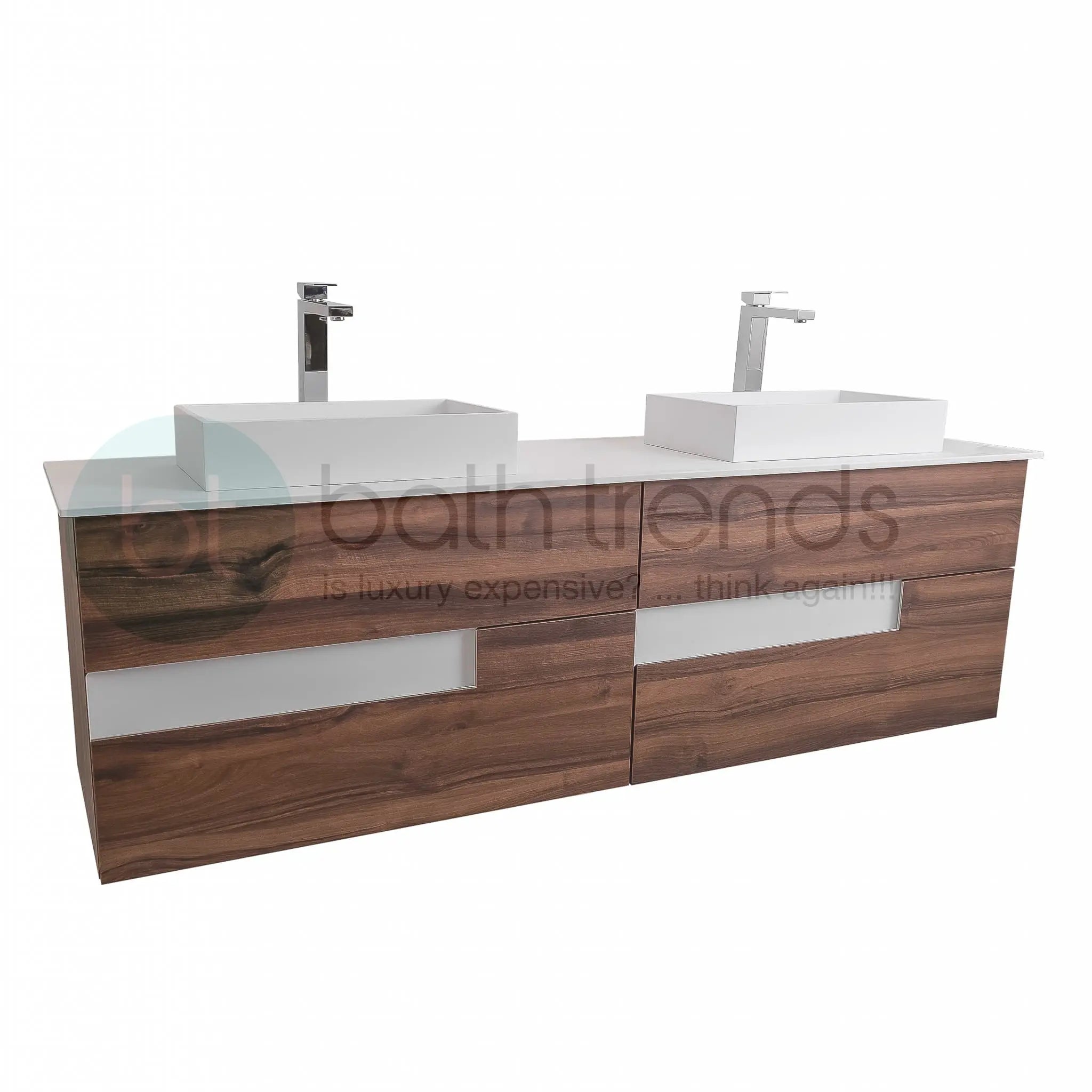 Vision 72 Valenti Medium Brown Wood Cabinet, Solid Surface Flat White Counter And Two Infinity Square Solid Surface White Basin 1329, Wall Mounted Modern Vanity Set