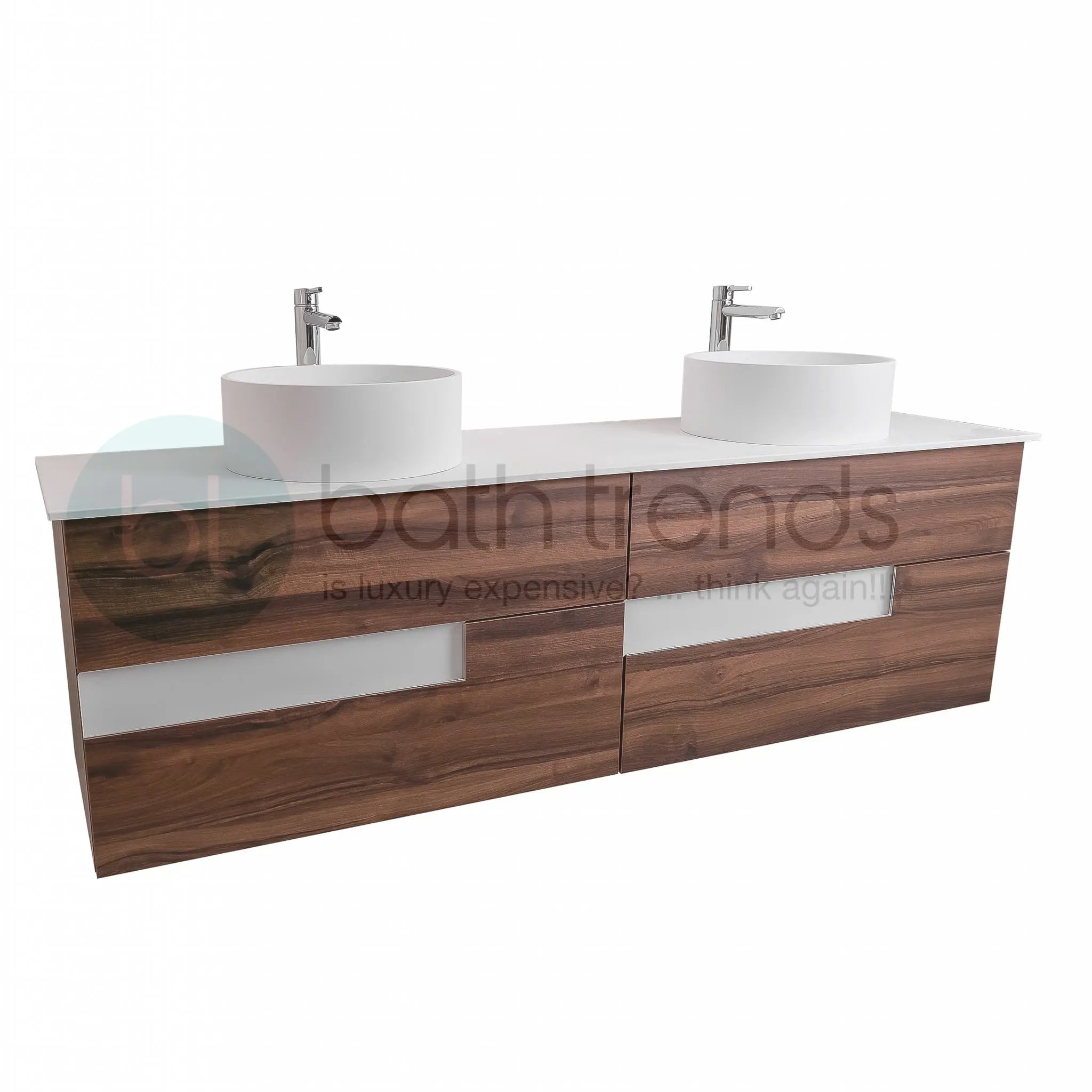 Vision 72 Valenti Medium Brown Wood Cabinet, Solid Surface Flat White Counter And Two Round Solid Surface White Basin 1386, Wall Mounted Modern Vanity Set