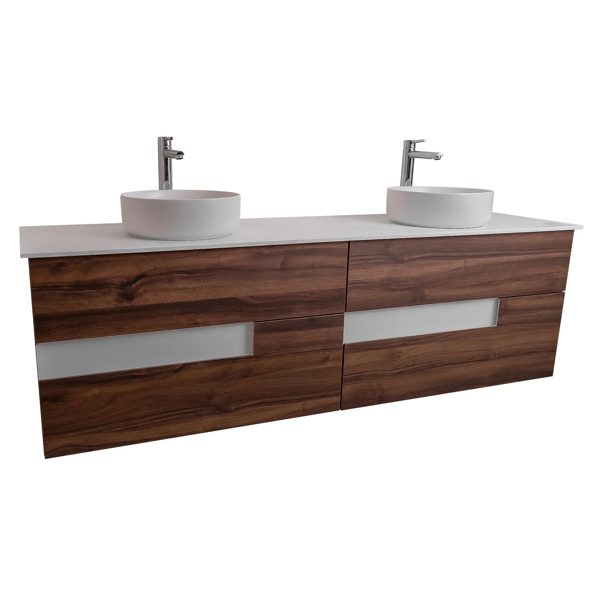 Vision 72 Valenti Medium Brown Wood Cabinet, Ares White Top And Two Ares White Ceramic Basin, Wall Mounted Modern Vanity Set