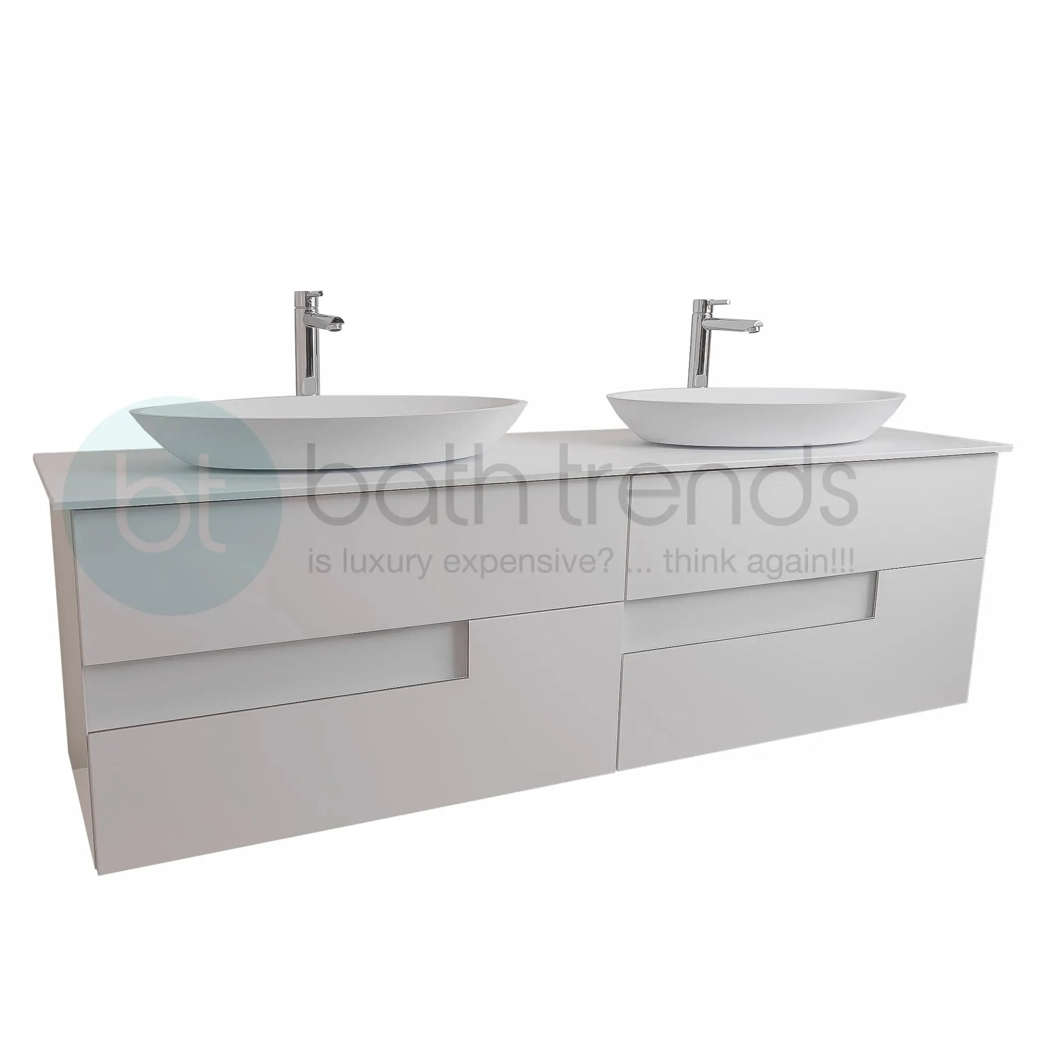 Vision 72 White High Gloss Cabinet, Solid Surface Flat White Counter And Two Oval Solid Surface White Basin 1305, Wall Mounted Modern Vanity Set