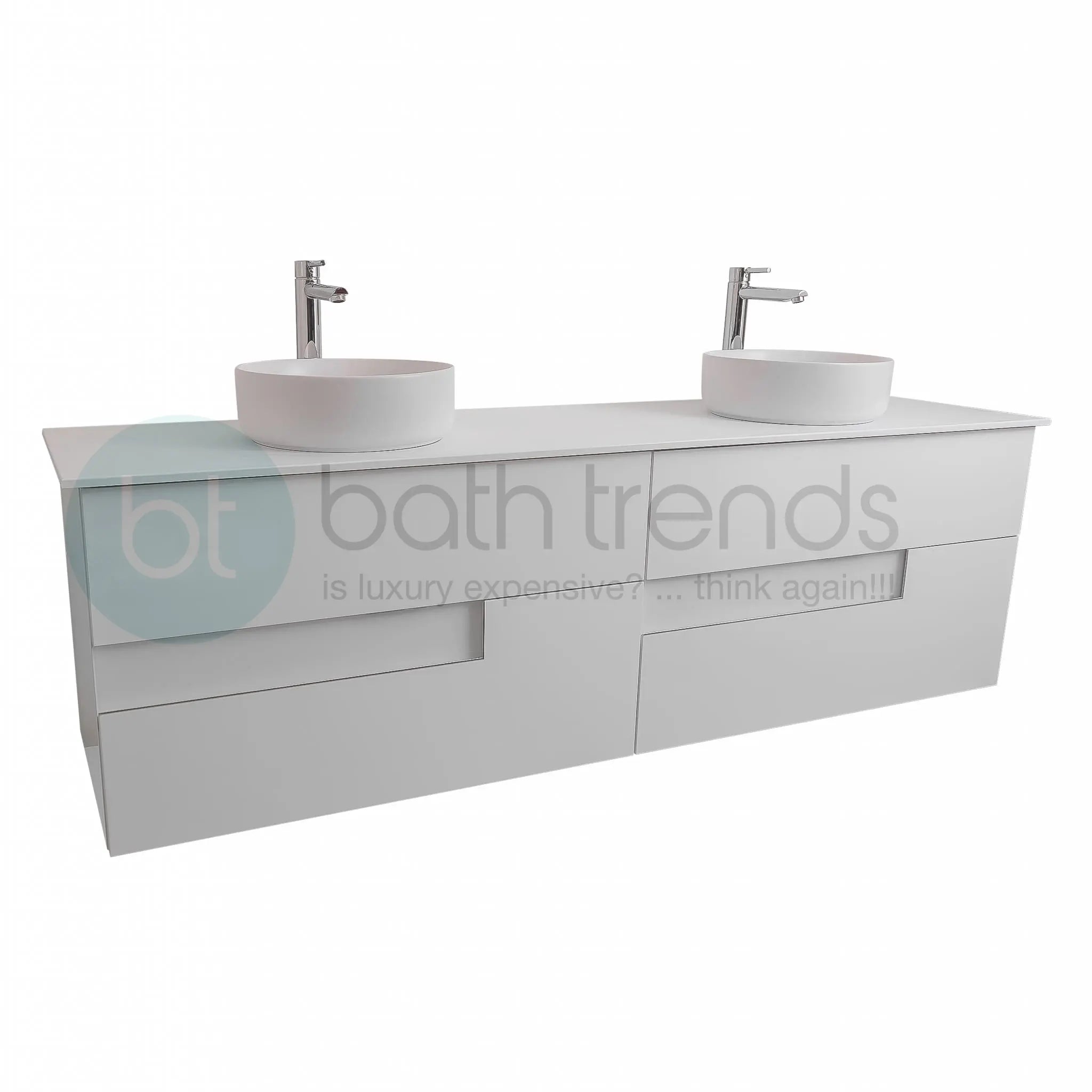 Vision 72 White High Gloss Cabinet, Ares White Top And Two Ares White Ceramic Basin, Wall Mounted Modern Vanity Set