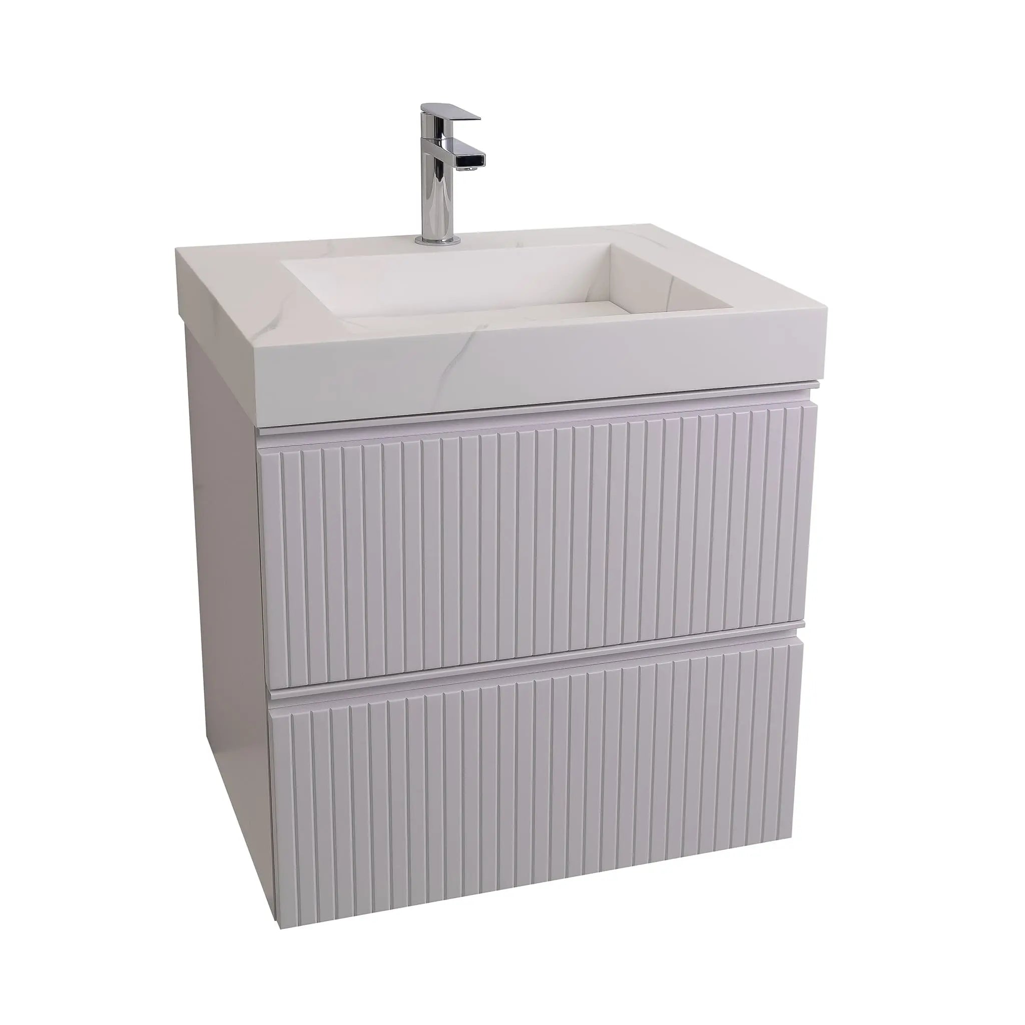 Ares 23.5 Matte White Cabinet, Solid Surface Matte White Top Carrara Infinity Sink, Wall Mounted Modern Vanity Set