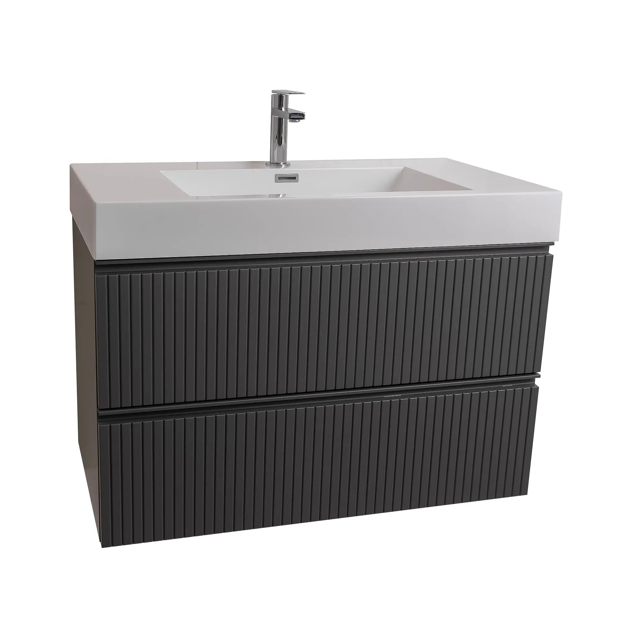 Ares 35.5 Matte Grey Cabinet, Square Cultured Marble Sink, Wall Mounted Modern Vanity Set