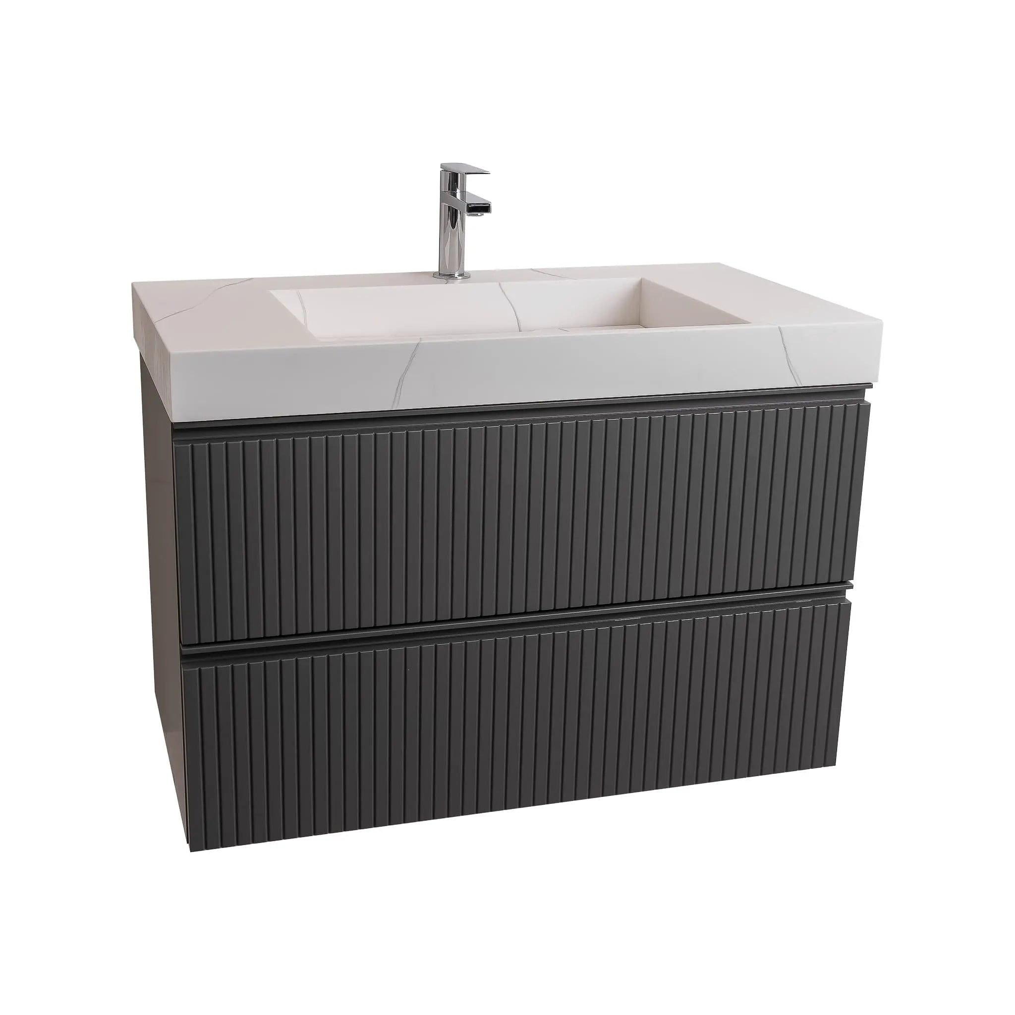 Ares 35.5 Matte Grey Cabinet, Solid Surface Matte White Top Carrara Infinity Sink, Wall Mounted Modern Vanity Set