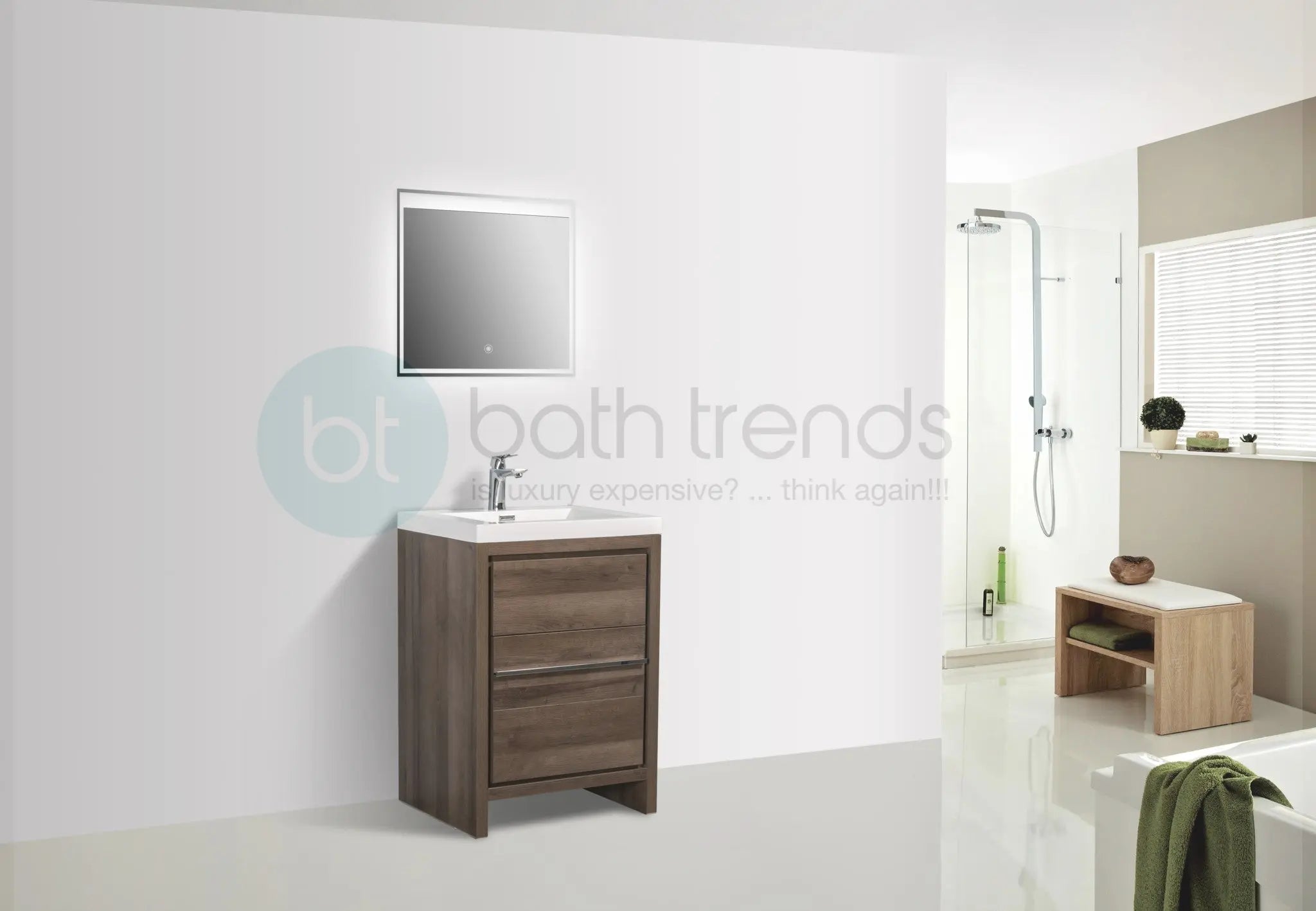 Granada 23.5 Brown Oak With Chrome Handle Cabinet, Square Cultured Marble Sink, Free Standing Modern Vanity Set