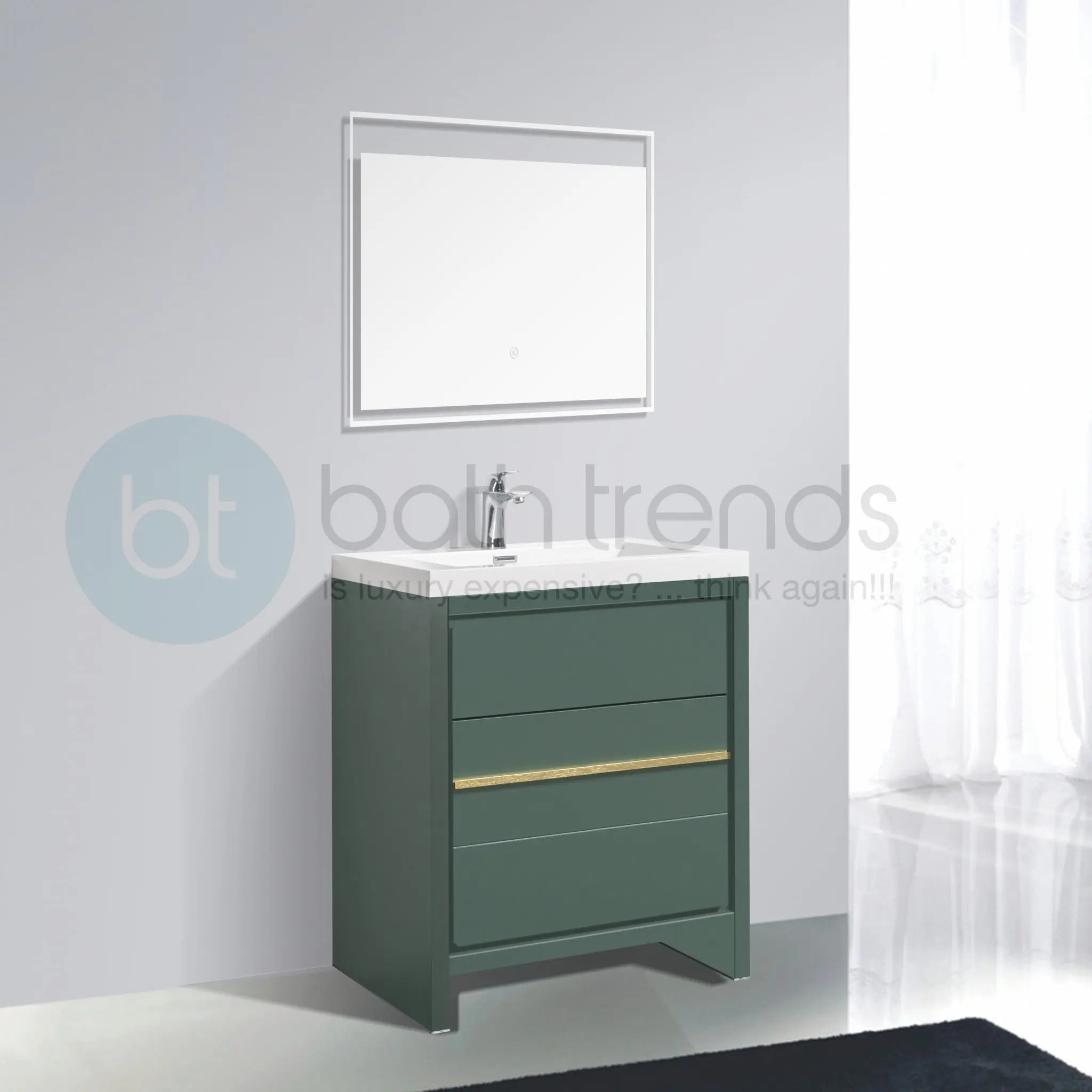 Granada 29.5 Nordic Green With Brush Gold Handle Cabinet, Square Cultured Marble Sink, Free Standing Modern Vanity Set