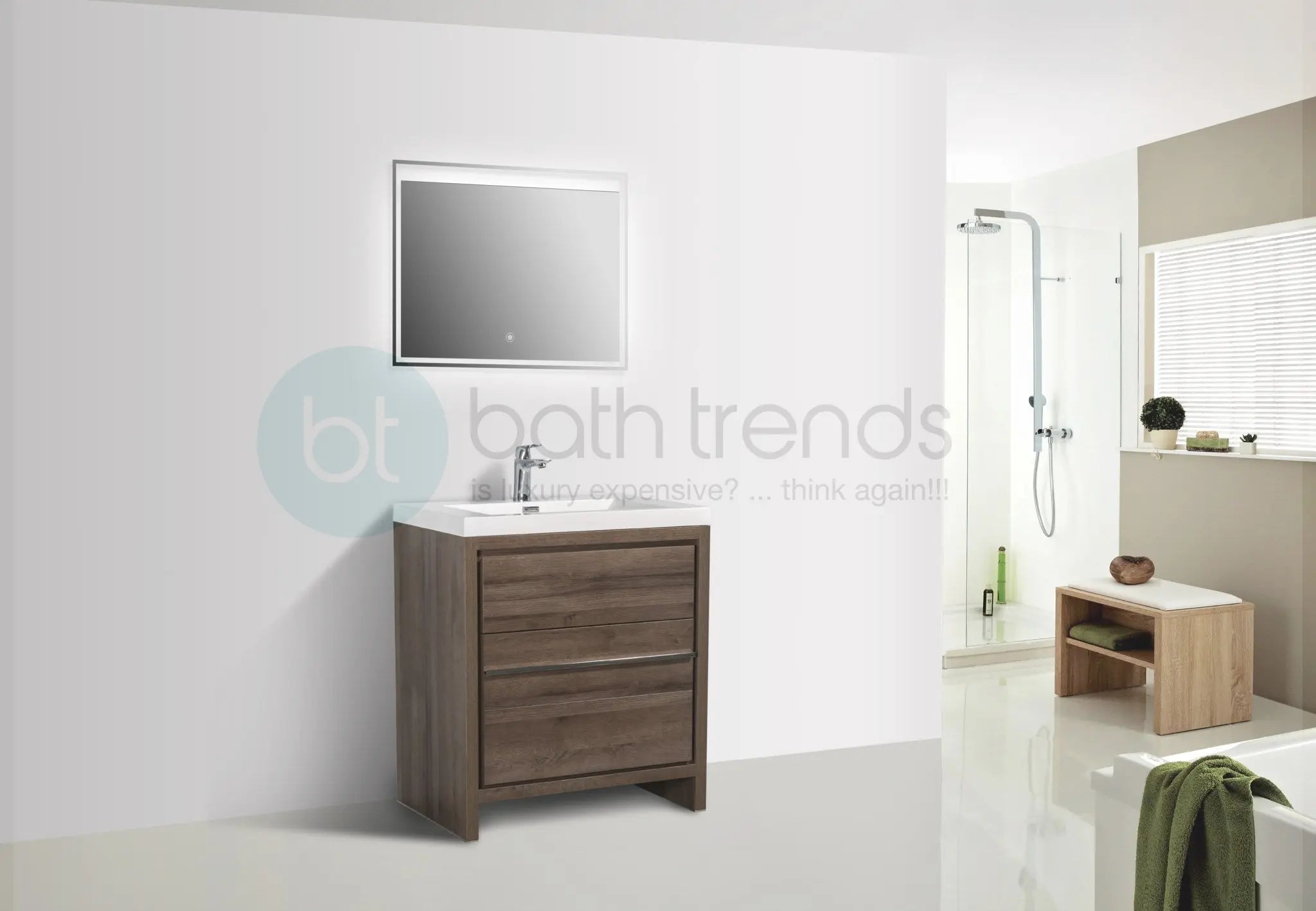 Granada 35.5 Brown Oak With Chrome Handle Cabinet, Square Cultured Marble Sink, Free Standing Modern Vanity Set
