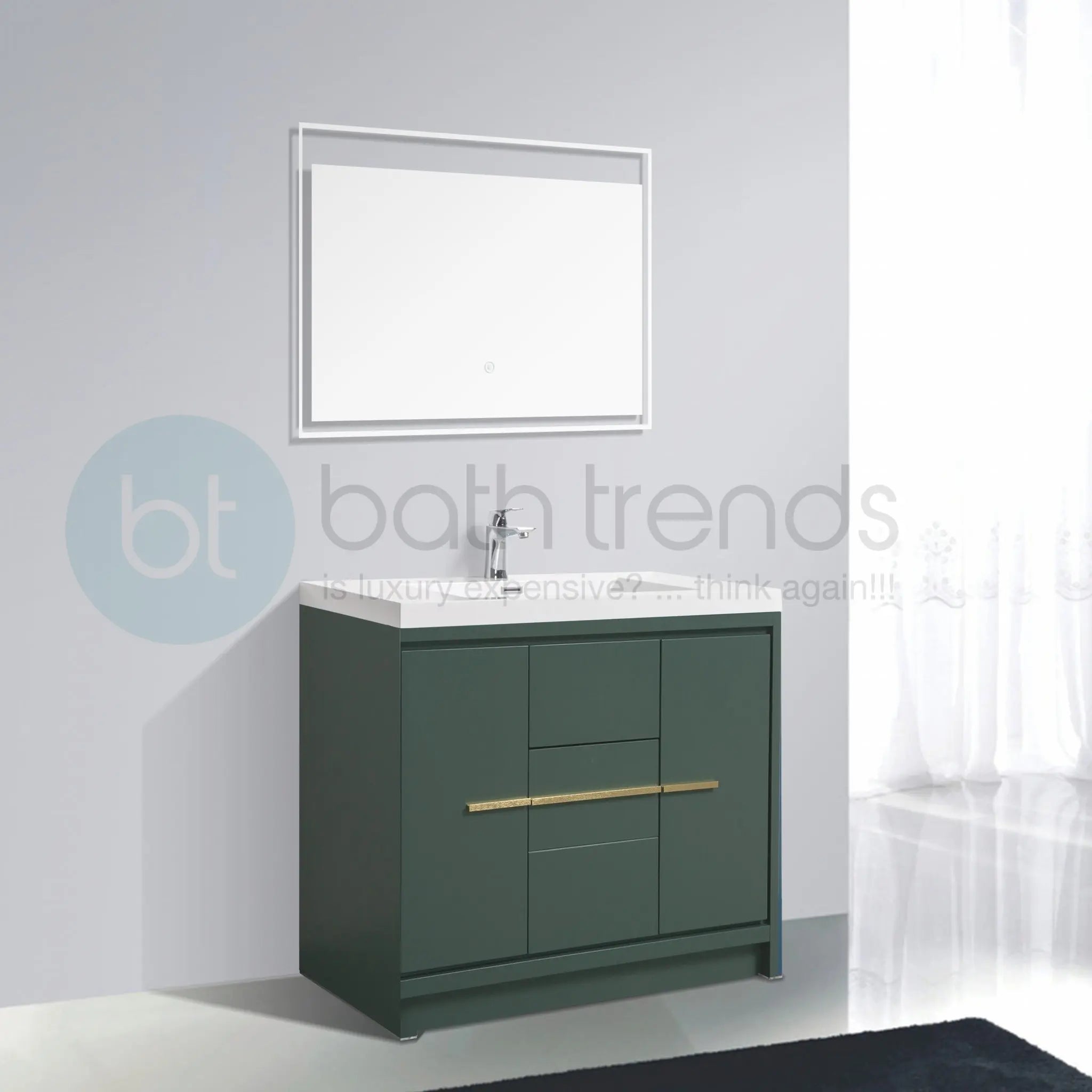 Granada 35.5 Nordic Green With Brush Gold Handle Cabinet, Square Cultured Marble Sink, Free Standing Modern Vanity Set