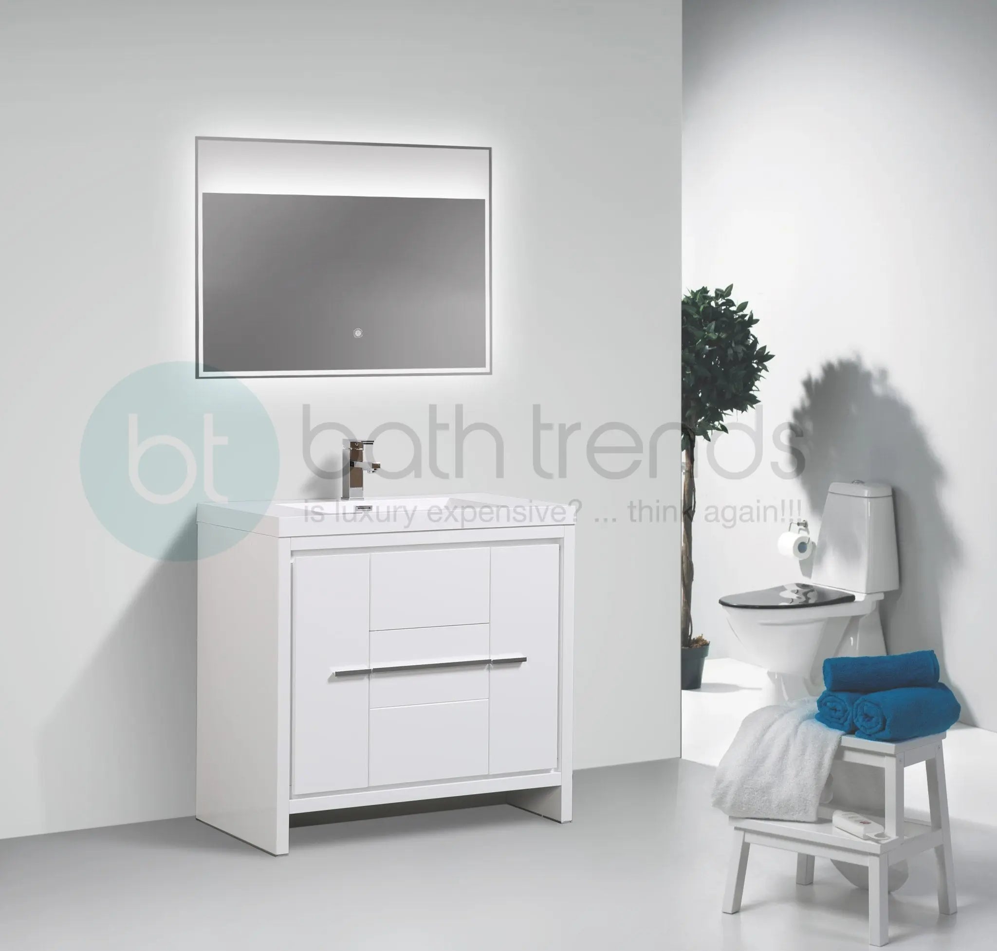 Granada 35.5 White High Gloss With Chrome Handle Cabinet, Square Cultured Marble Sink, Free Standing Modern Vanity Set