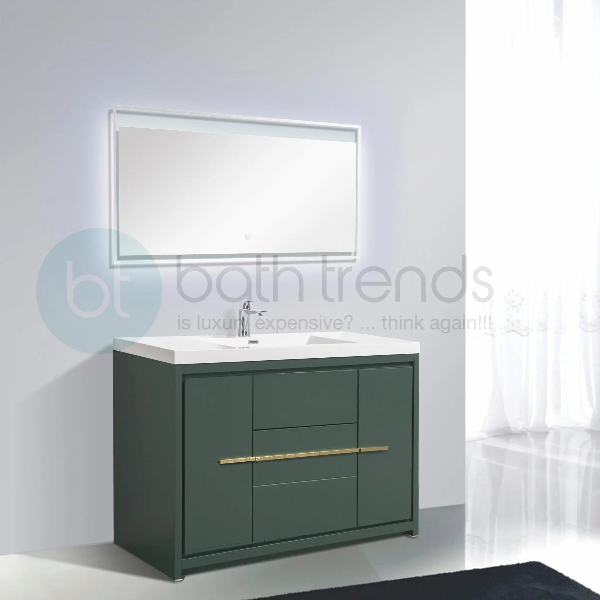 Granada 47.5 Nordic Green With Brush Gold Handle Cabinet, Square Cultured Marble Sink, Free Standing Modern Vanity Set