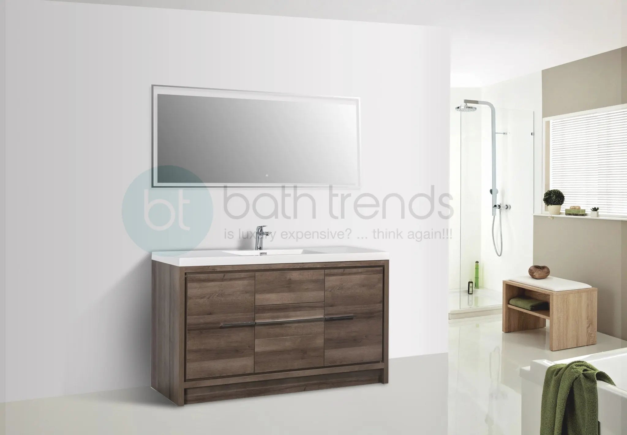 Granada 59 Brown Oak With Chrome Handle Cabinet, Square Cultured Marble Single Sink, Free Standing Modern Vanity Set