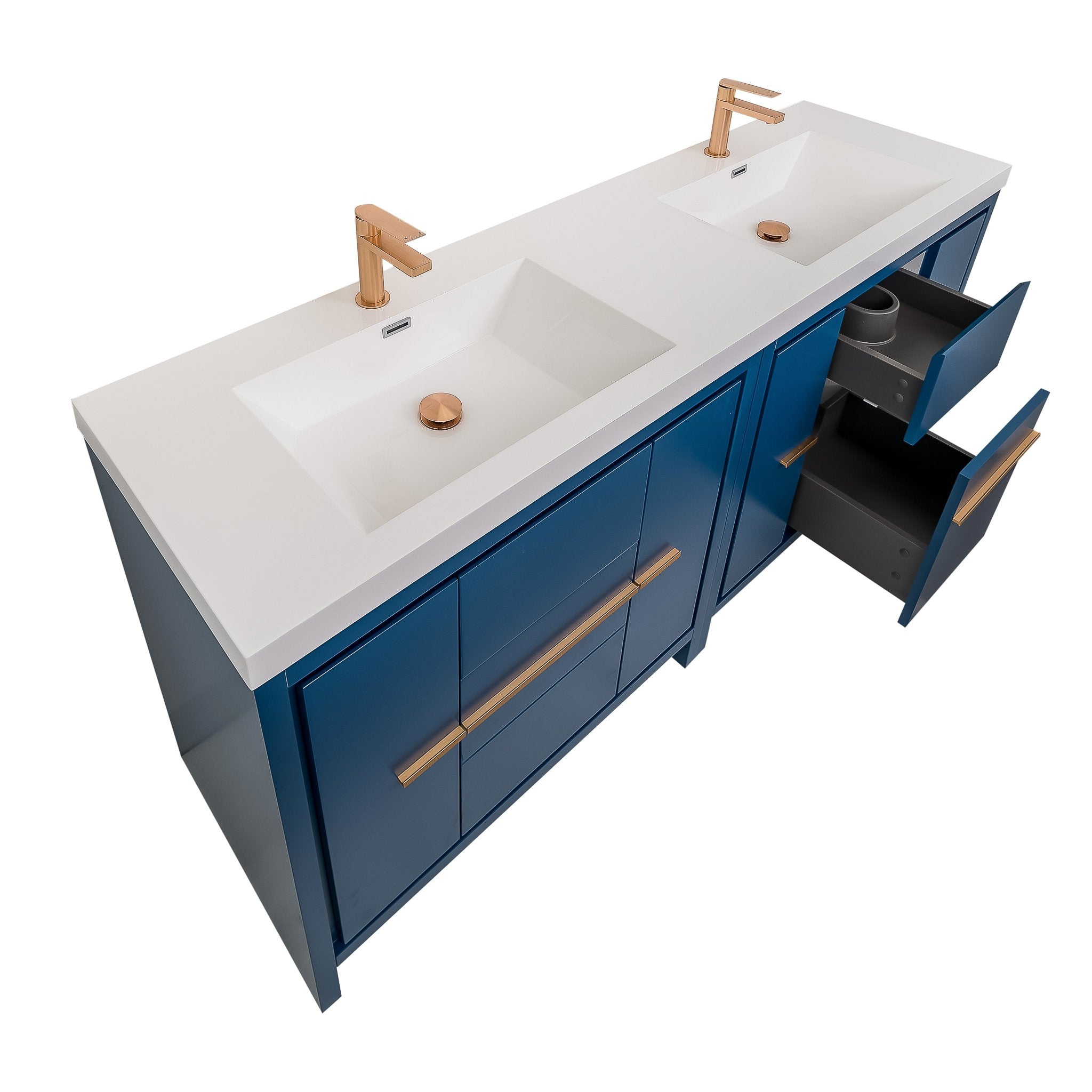 Granada 71 Matte Blue With Brush Rose Gold Handle Cabinet, Square Cultured Marble Double Sink, Free Standing Modern Vanity Set