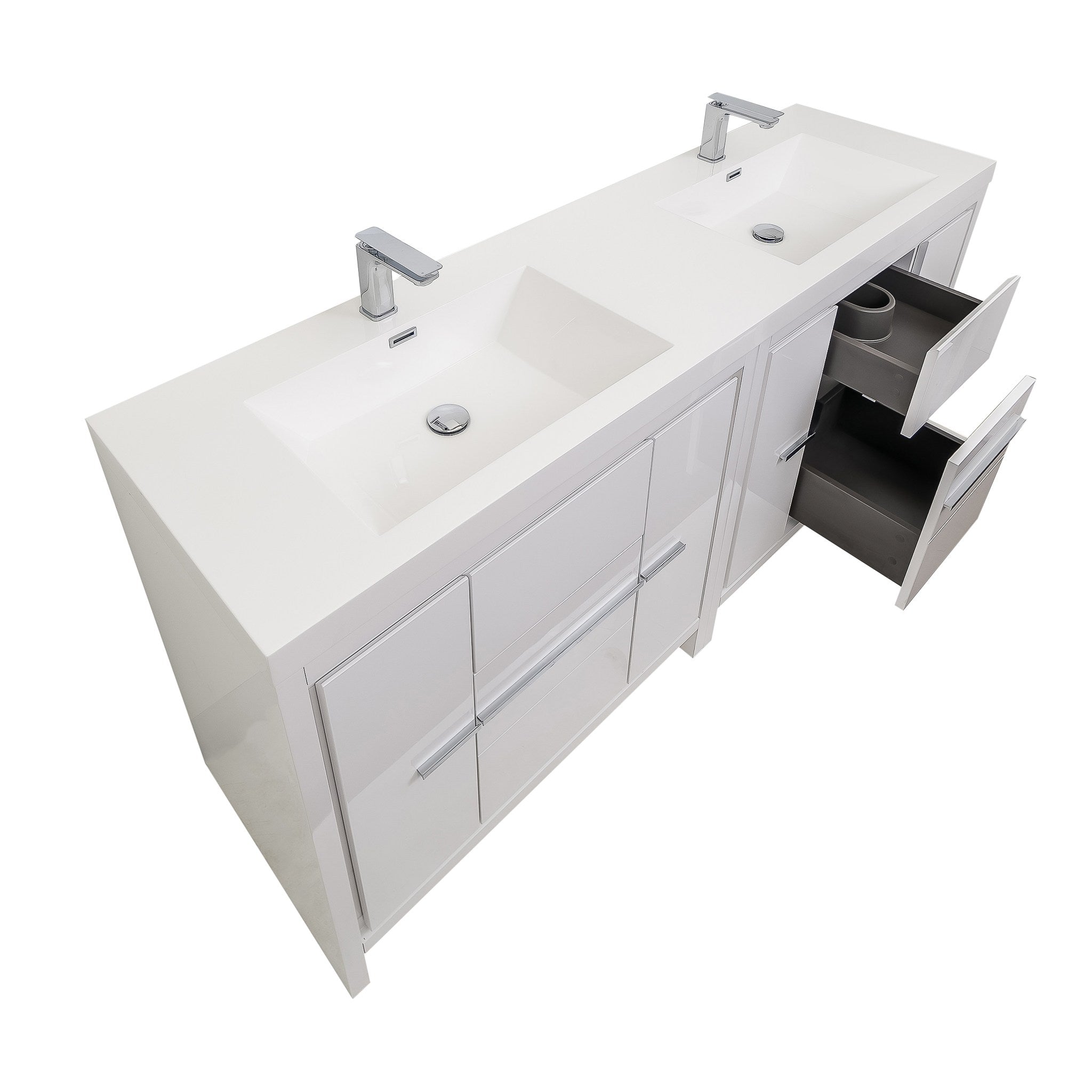Granada 71 White High Gloss With Chrome Handle Cabinet, Square Cultured Marble Double Sink, Free Standing Modern Vanity Set