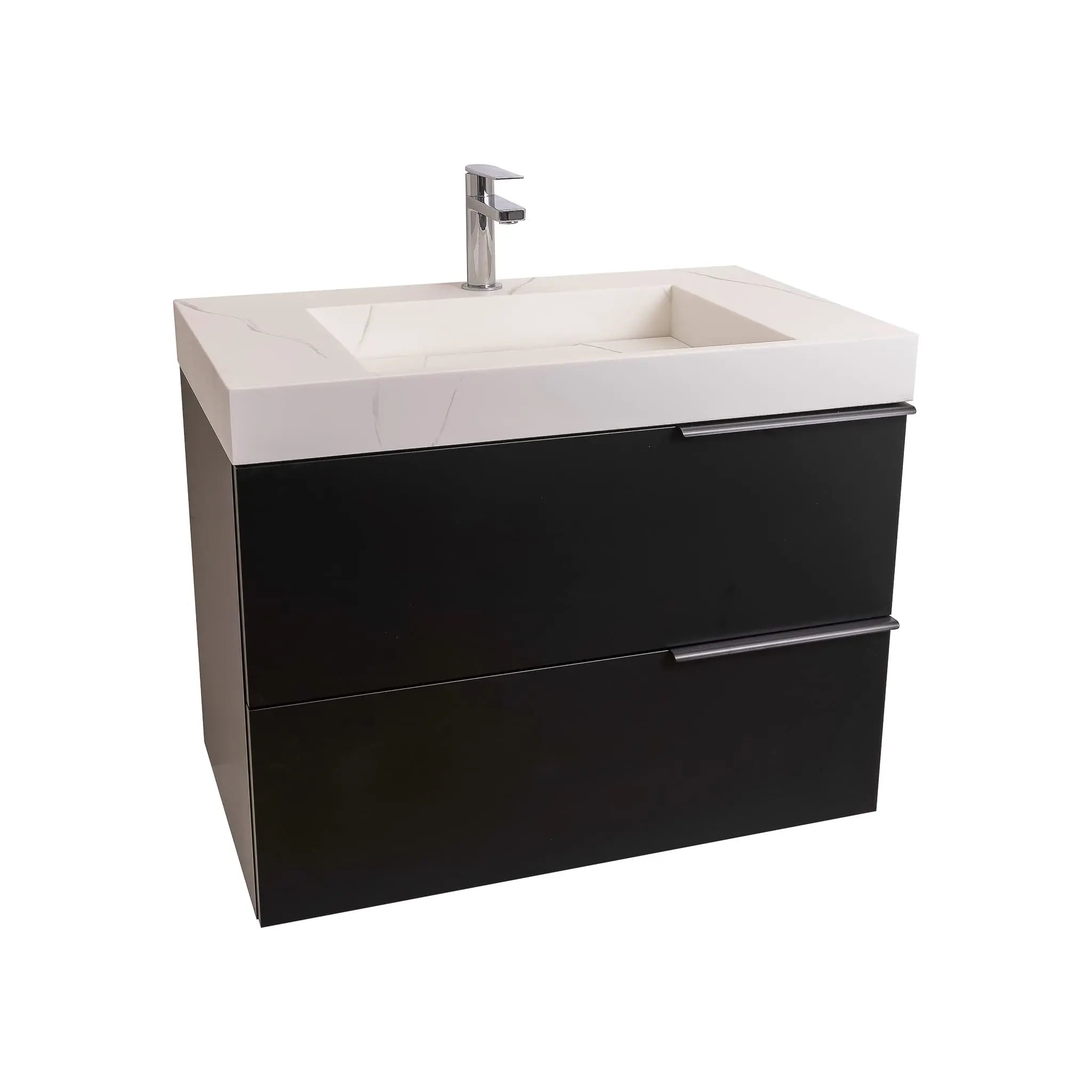 Mallorca 35.5 Matte Black Cabinet, Solid Surface Matte White Top Carrara Infinity Sink, Wall Mounted Modern Vanity Set