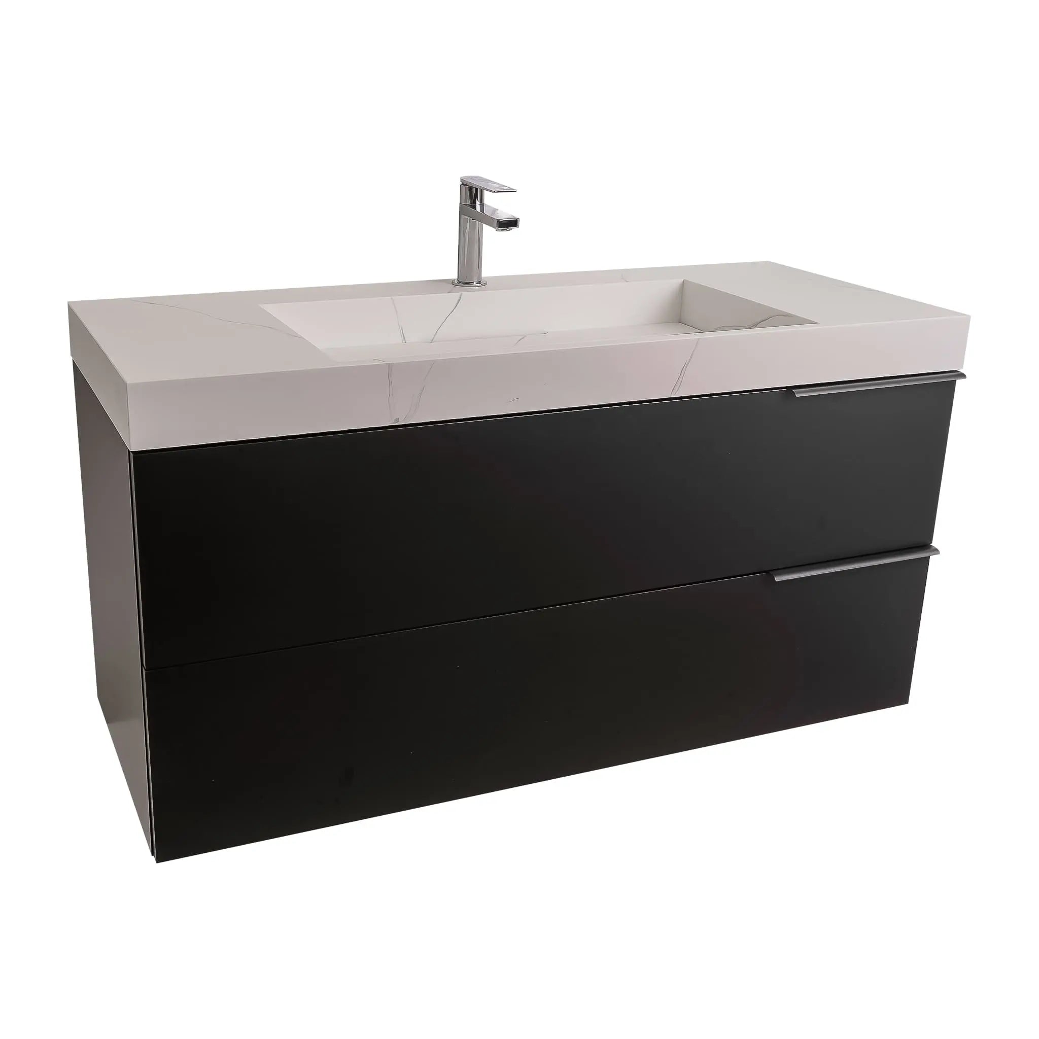 Mallorca 47.5 Matte Black Cabinet, Solid Surface Matte White Top Carrara Infinity Sink, Wall Mounted Modern Vanity Set