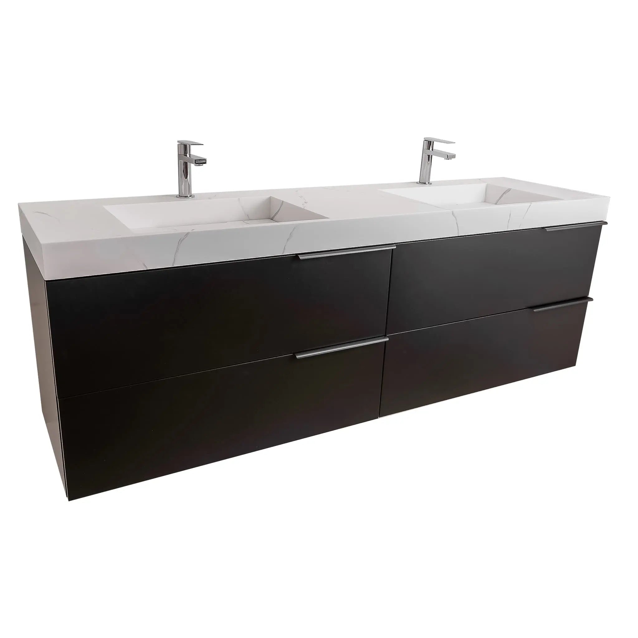 Mallorca 63 Matte Black Cabinet, Solid Surface Matte White Top Carrara Infinity Double Sink, Wall Mounted Modern Vanity Set